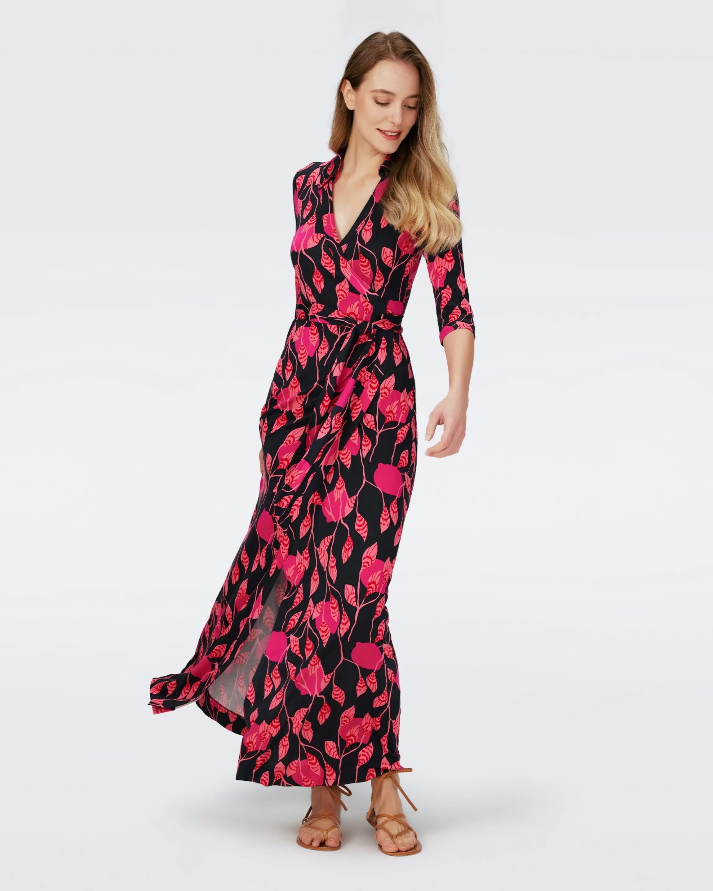 dvf Abigail Silk Jersey Maxi Wrap Dress in Lantern Leaves Huge Poison Pink Best