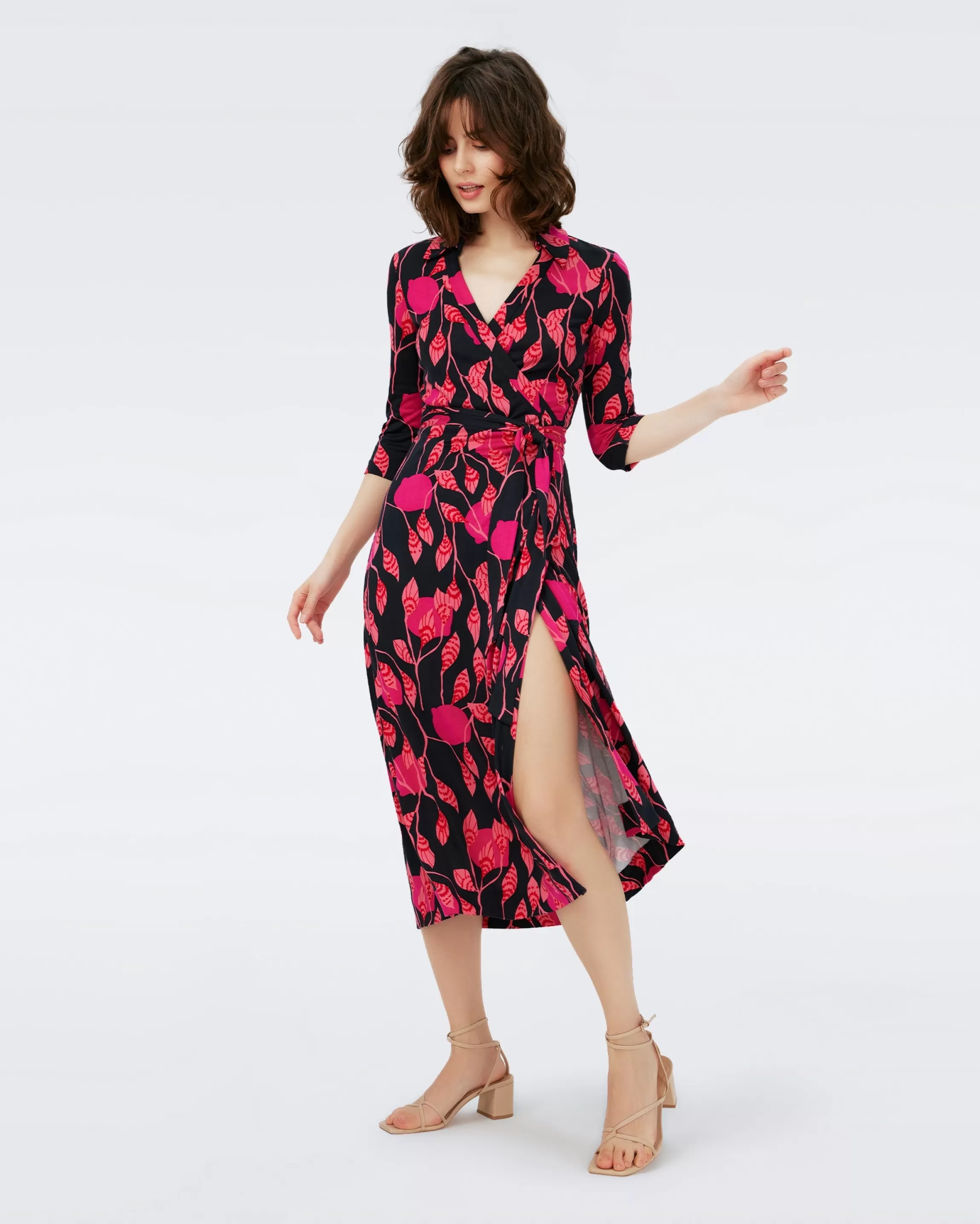 dvf Abigail Silk Jersey Midi Wrap Dress in Lantern Leaves Huge Poison Pink Sale