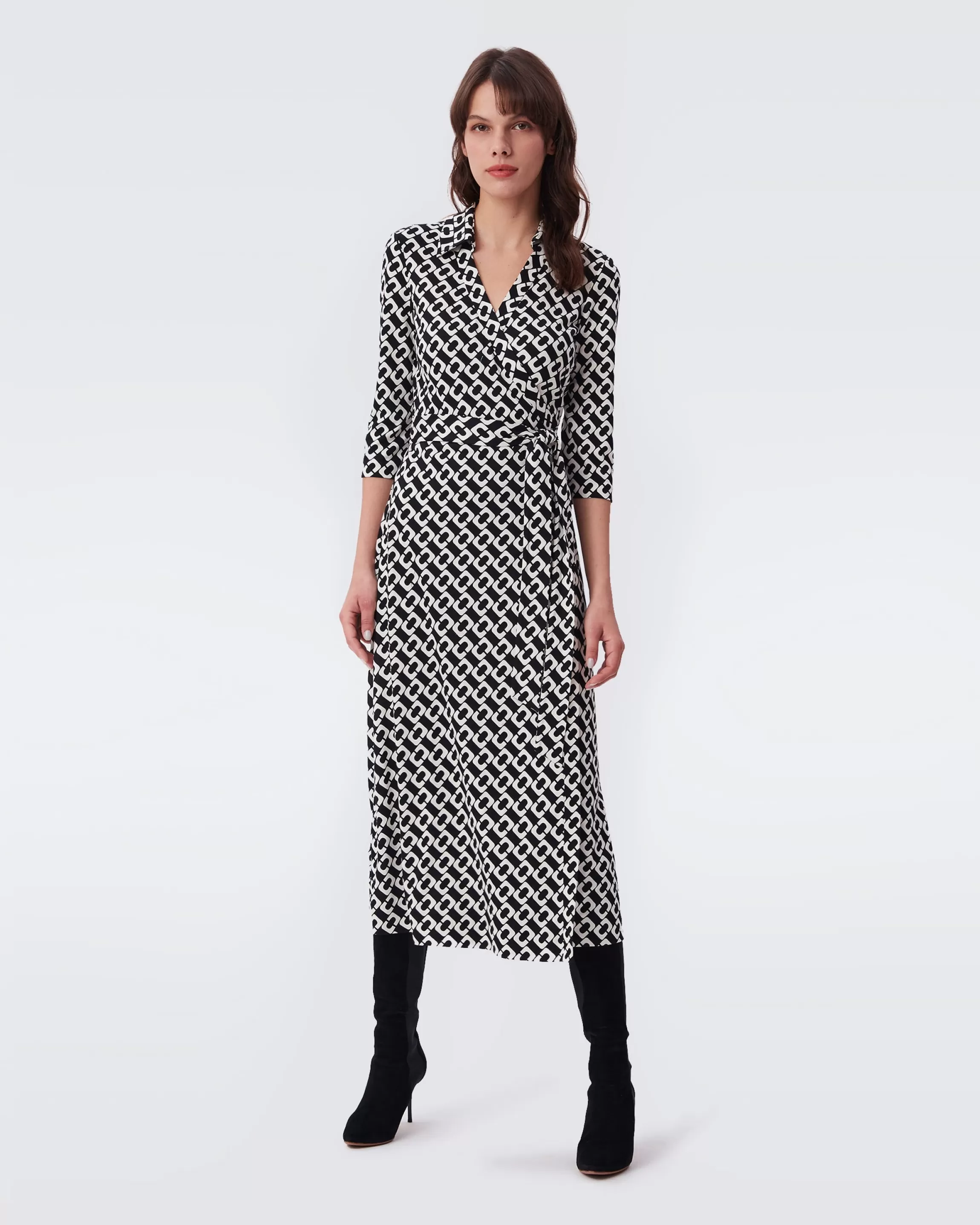 dvf Abigail Silk Jersey Midi Wrap Dress in Chain Link Medium Black Fashion