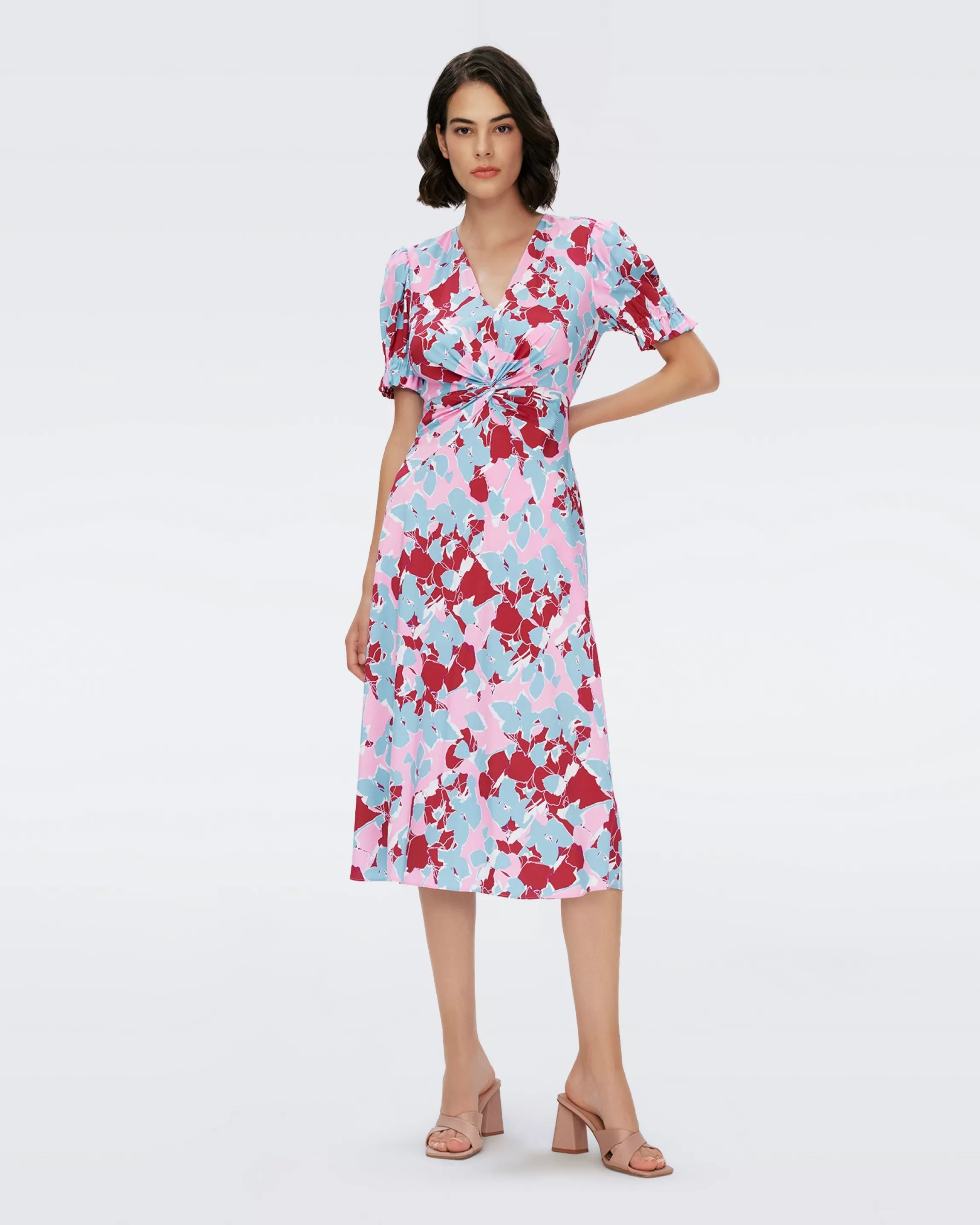 dvf Anaba Short Sleeve Dress in Earth Floral Multi Pink Hot