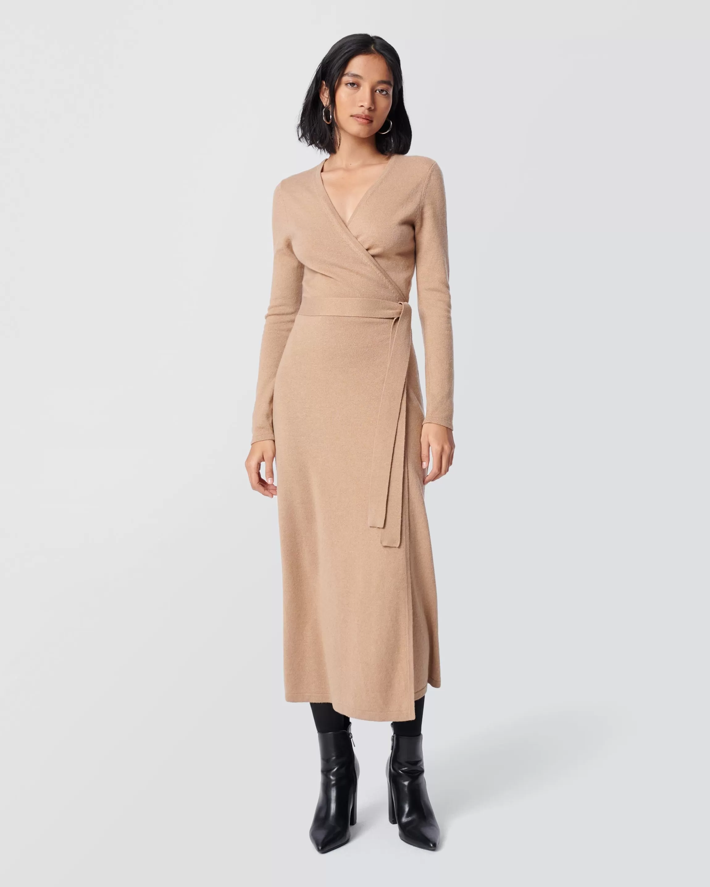 dvf Astrid Wool-Cashmere Wrap Dress in Camel Clearance