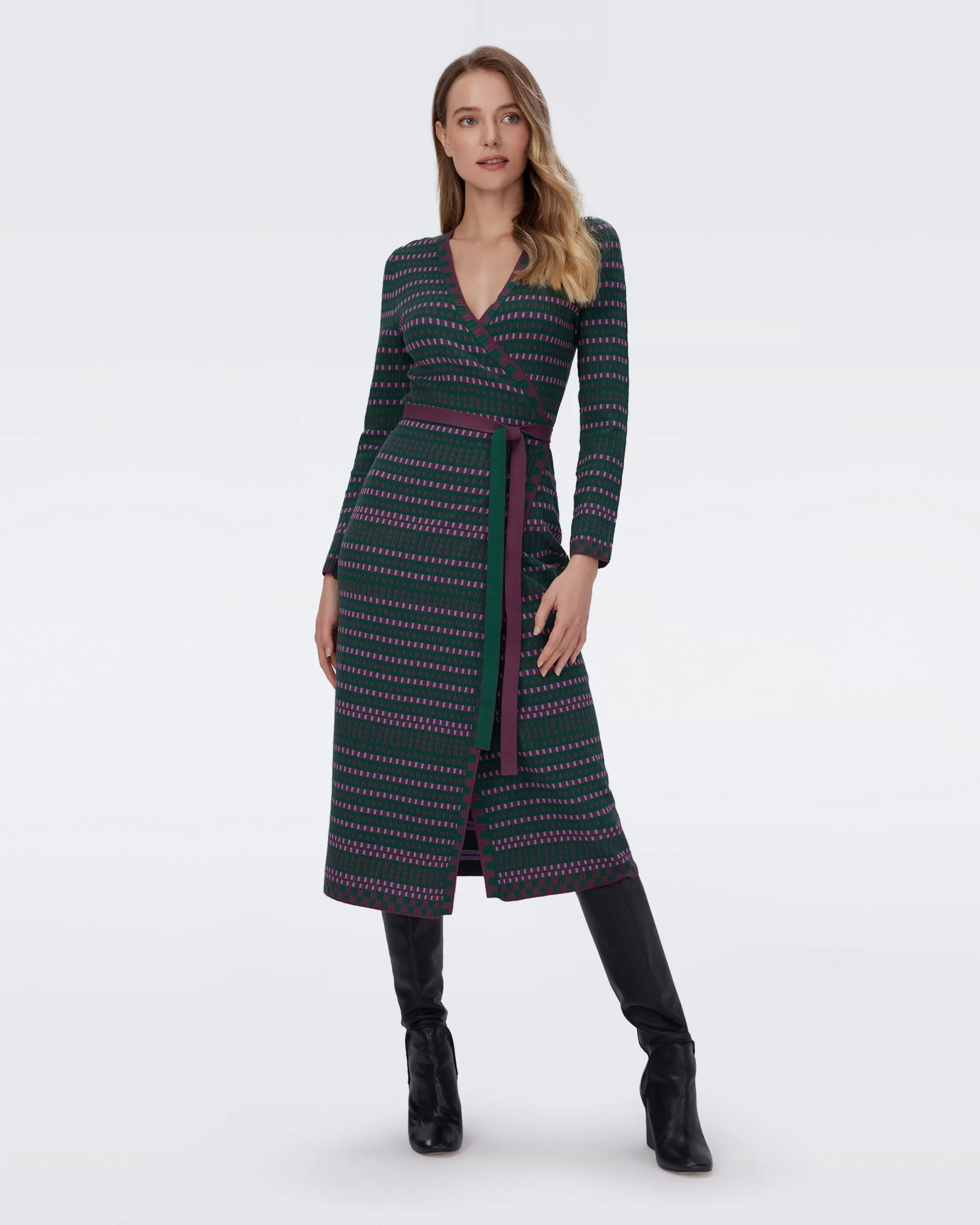 dvf Barby Knit Jacquard Wrap Dress in Tiny Check Fall Green Best