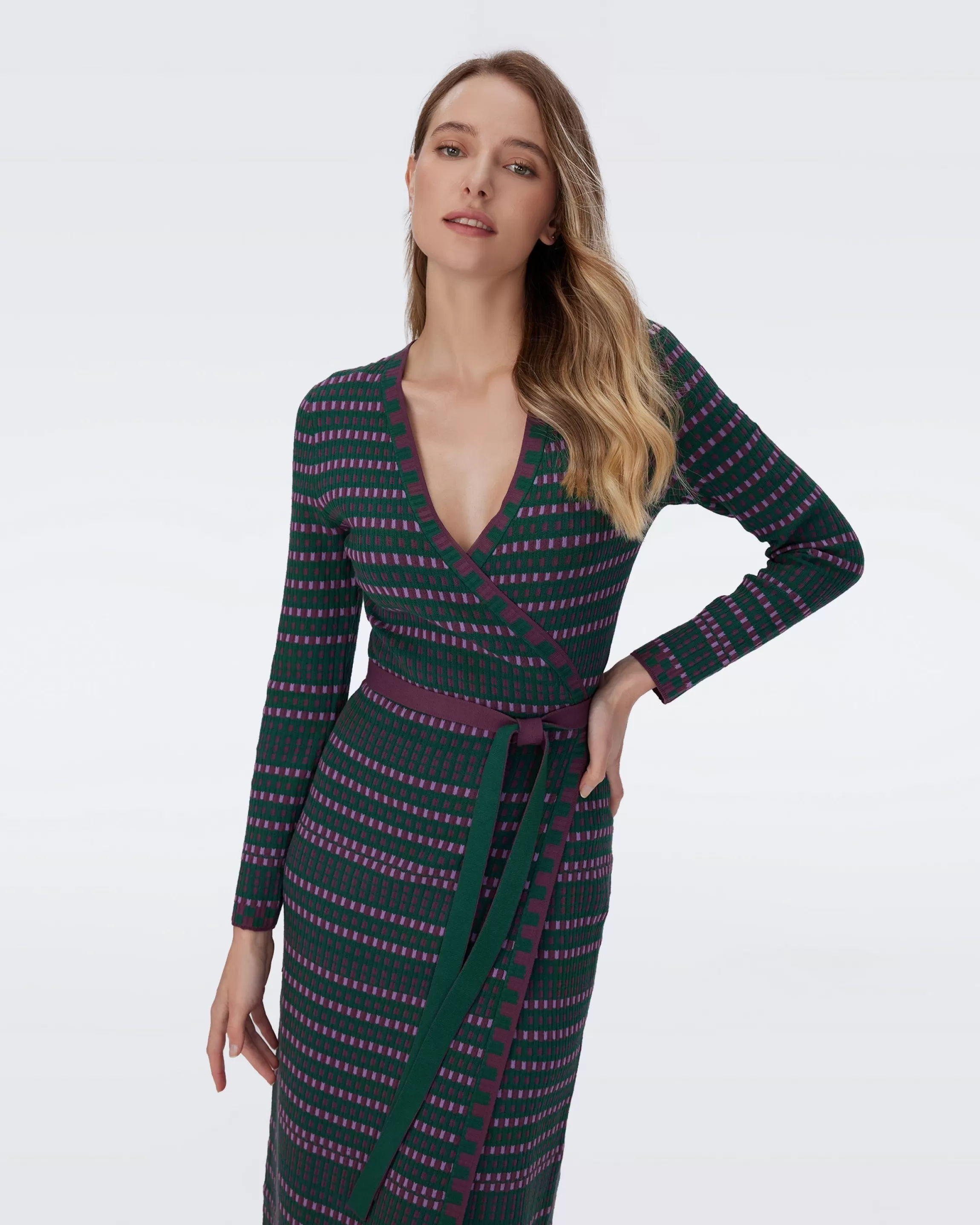 dvf Barby Knit Jacquard Wrap Dress in Tiny Check Fall Green Best