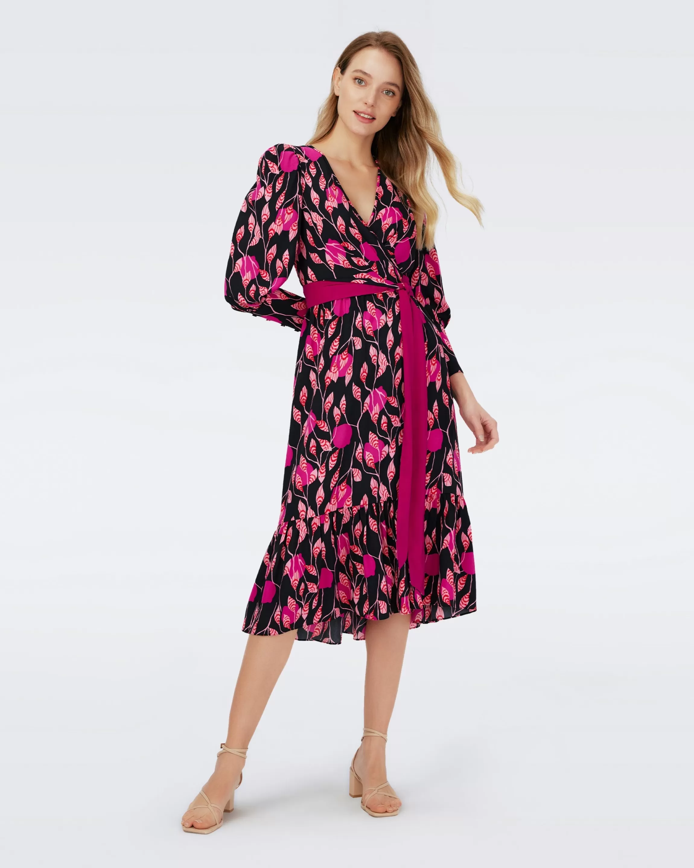 dvf Blade Wrap Dress in Lantern Leaves Huge Poison Pink Hot