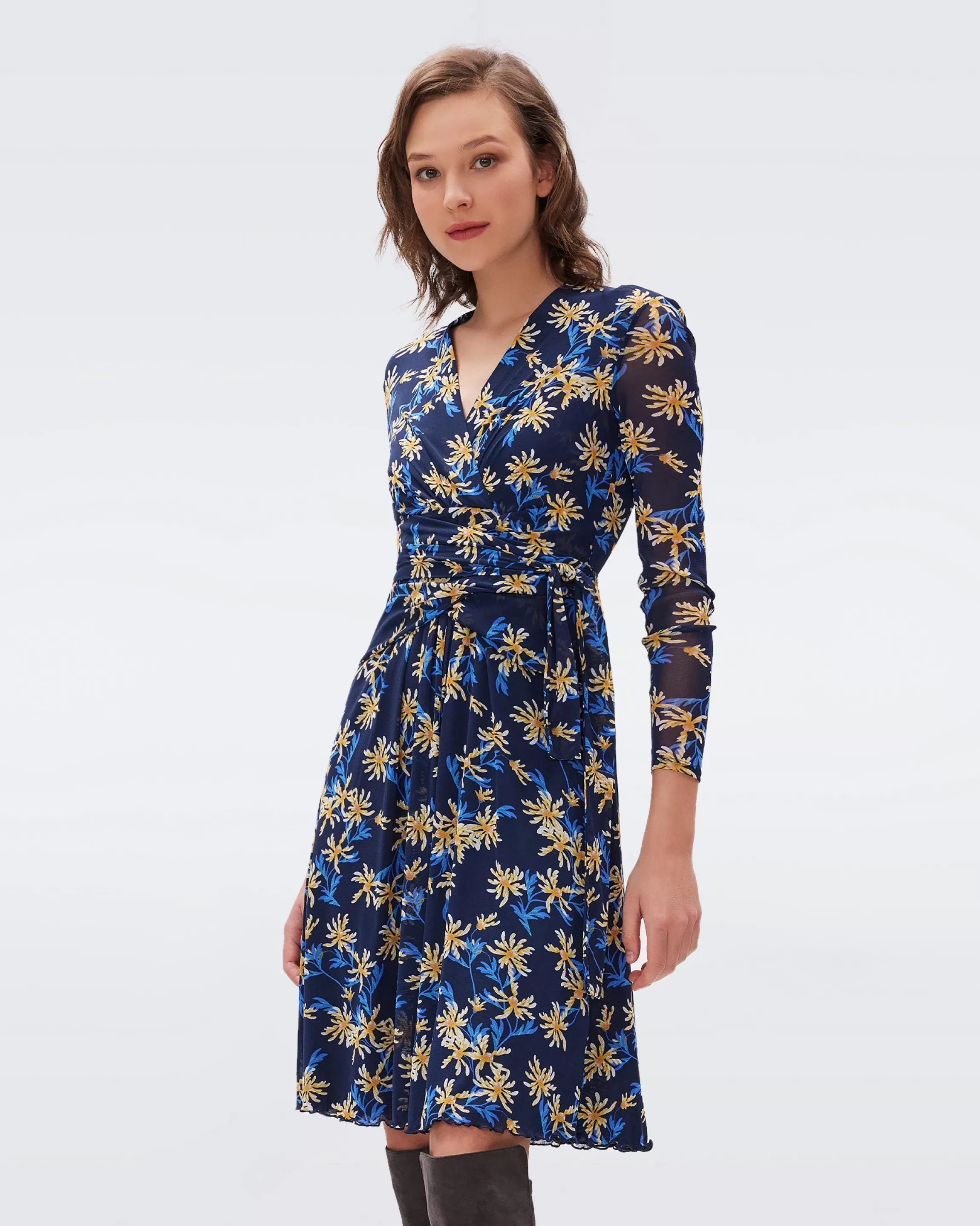 dvf Brenda Mesh Wrap Dress in Paris Floral Navy Clearance