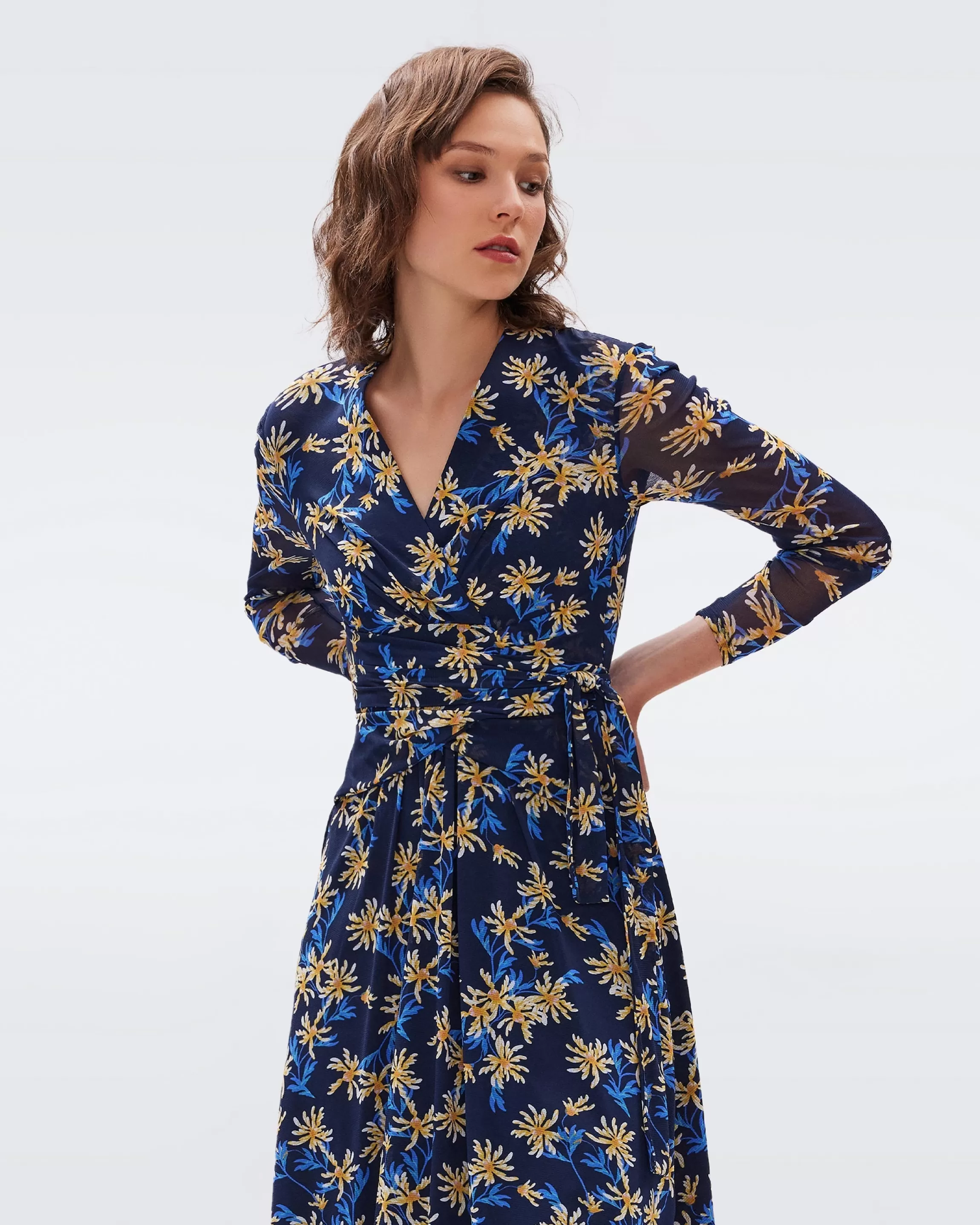 dvf Brenda Mesh Wrap Dress in Paris Floral Navy Clearance