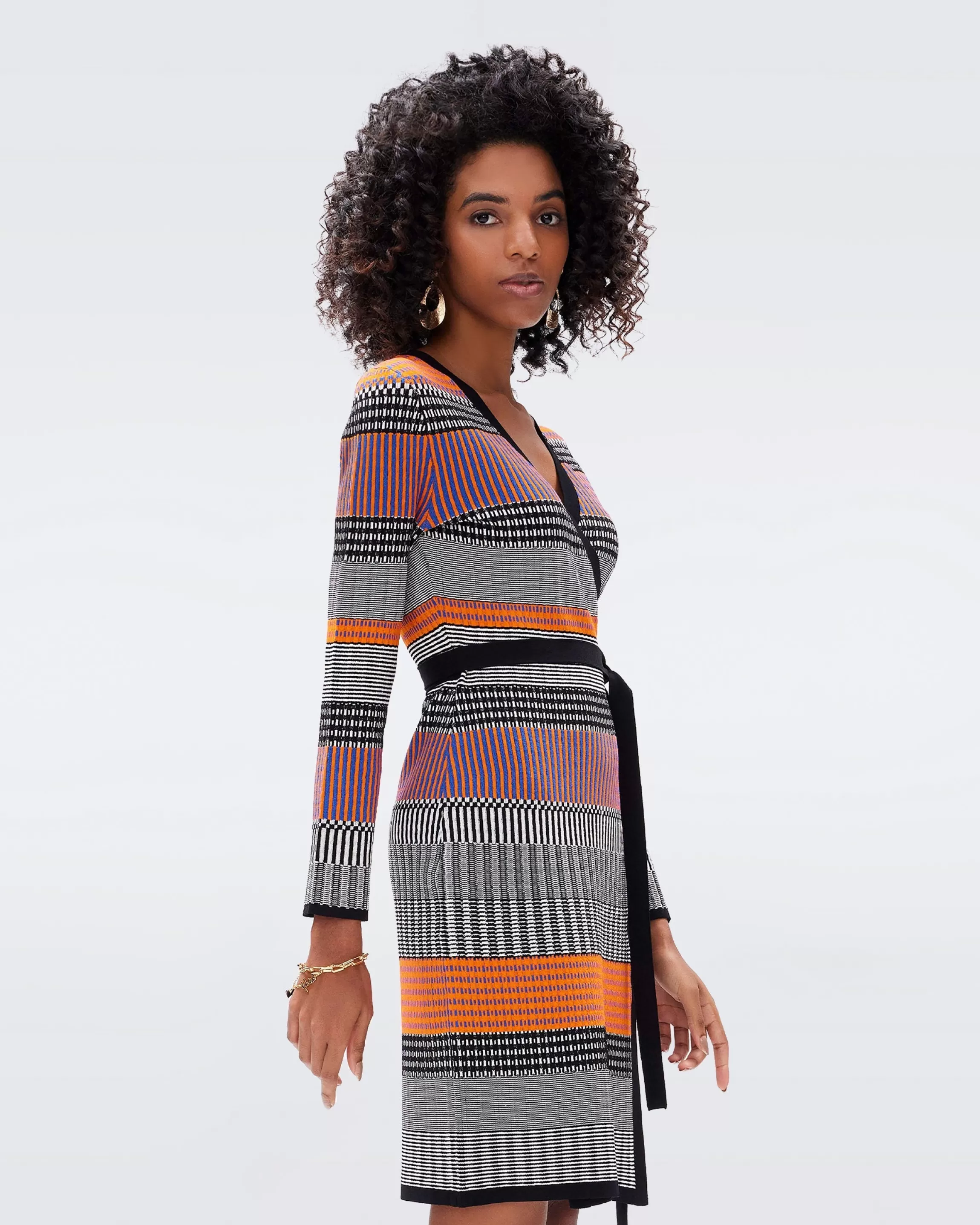 dvf Brigid Knit Jacquard Wrap Dress in Multicolor Knit Stripe Black Cheap