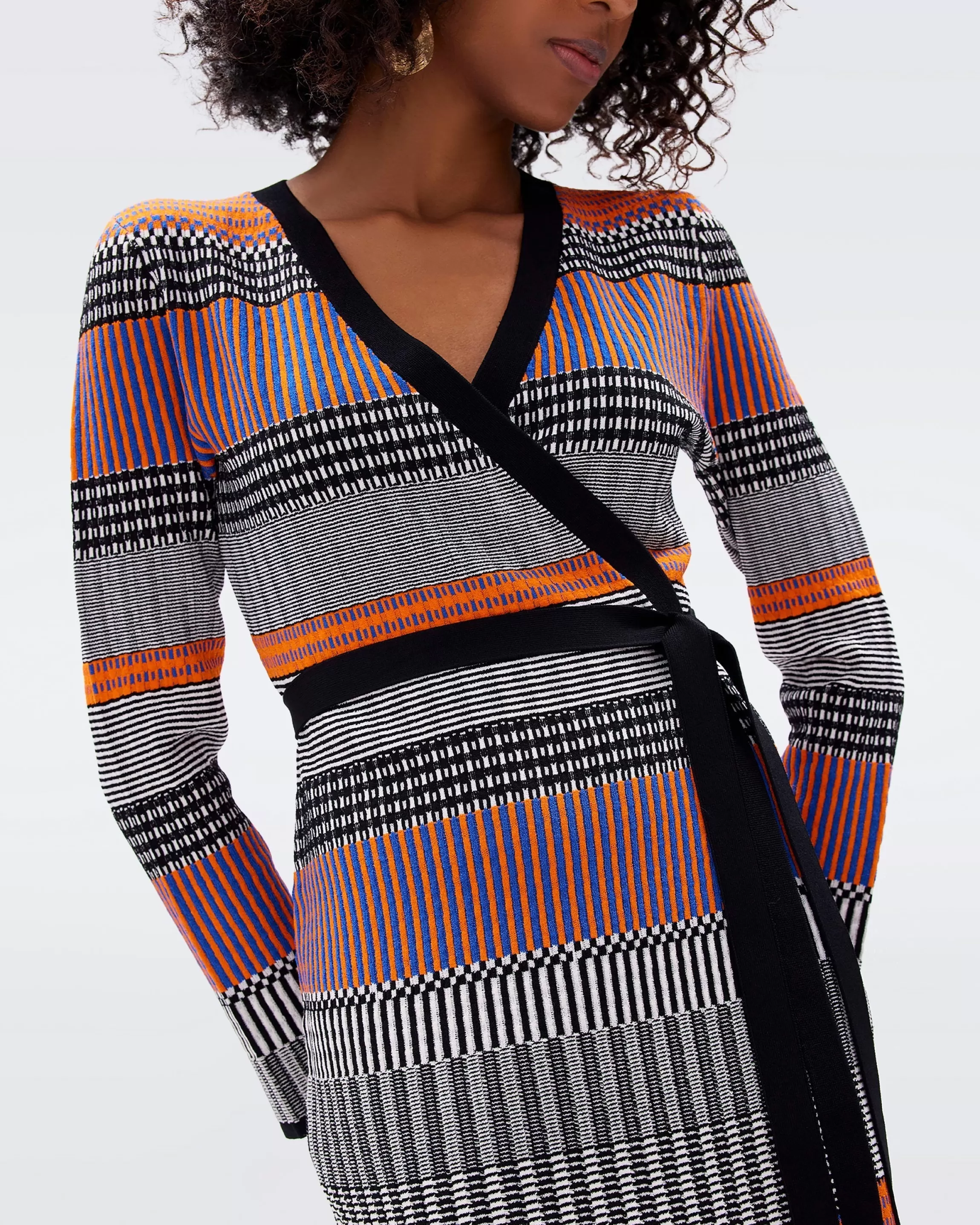 dvf Brigid Knit Jacquard Wrap Dress in Multicolor Knit Stripe Black Cheap