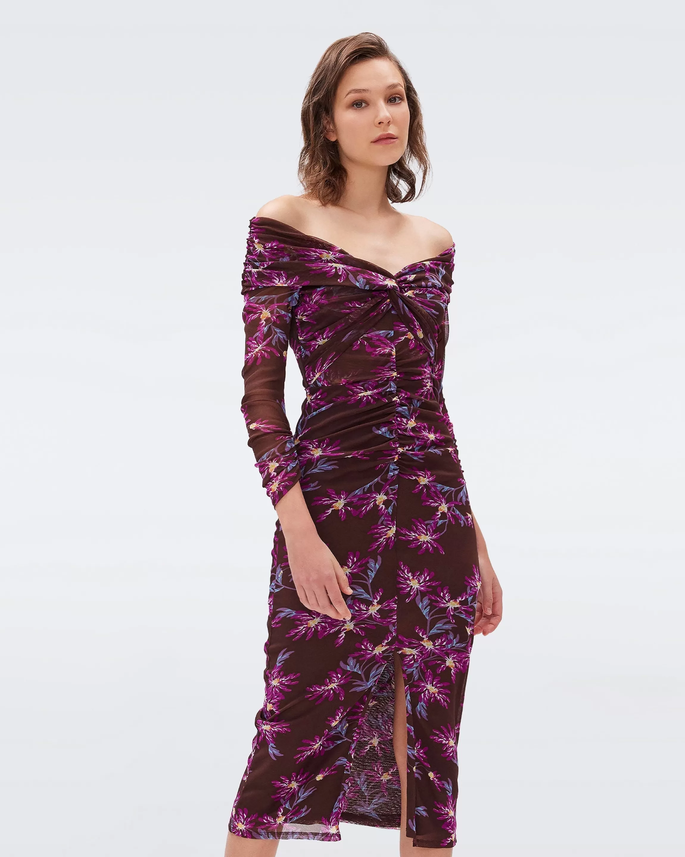 dvf Clementine Mesh Dress in Paris Floral Red Purple Discount