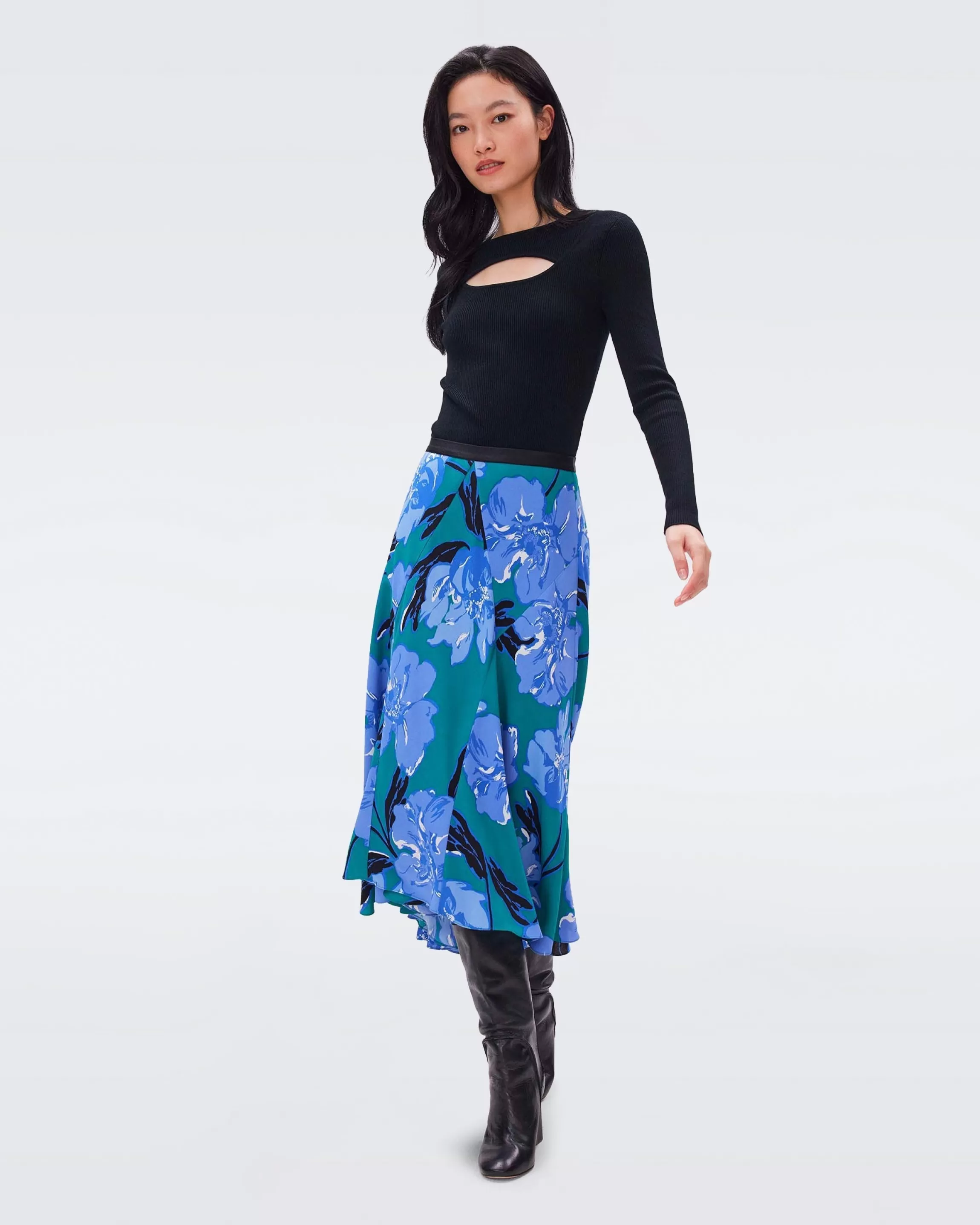 dvf Debra Skirt in Huge Outline Floral Emerald Outlet