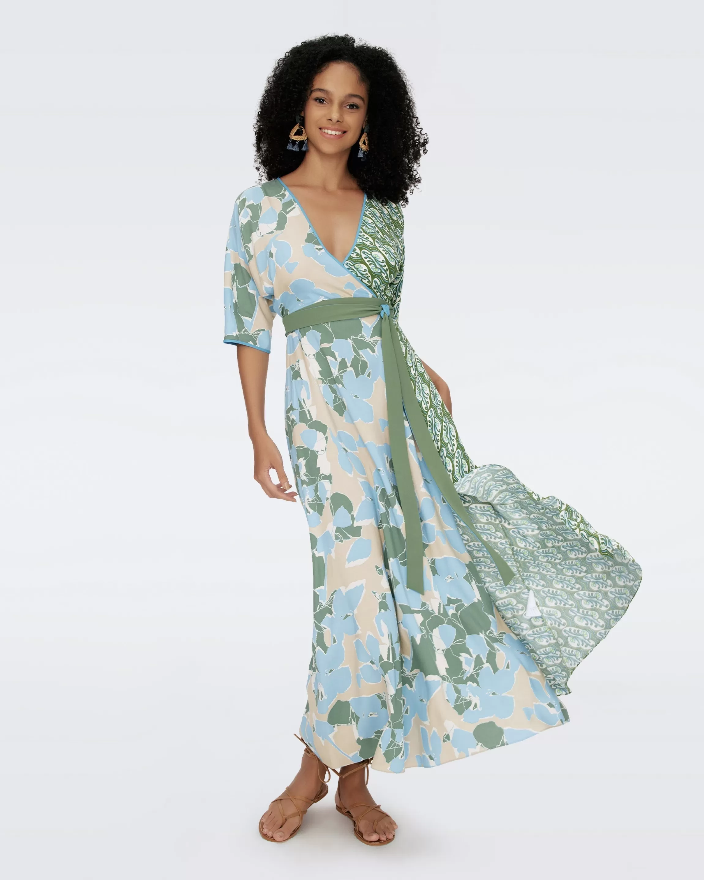 dvf Eloise Faux Wrap Maxi Dress in Earth Floral Multi Cerulean and Seedling Sale