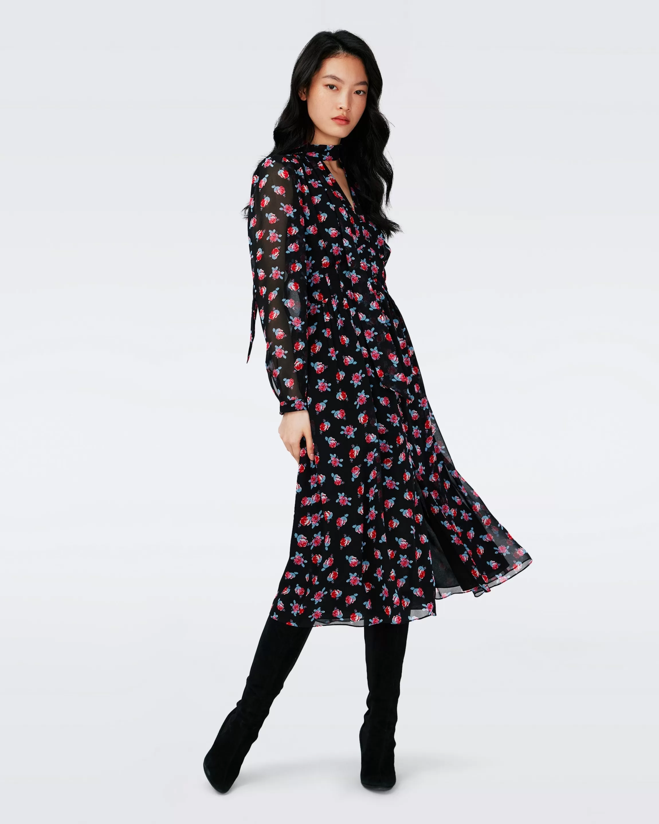 dvf Erica Long Sleeve Midi Dress in Fortune Rose Dot Fashion