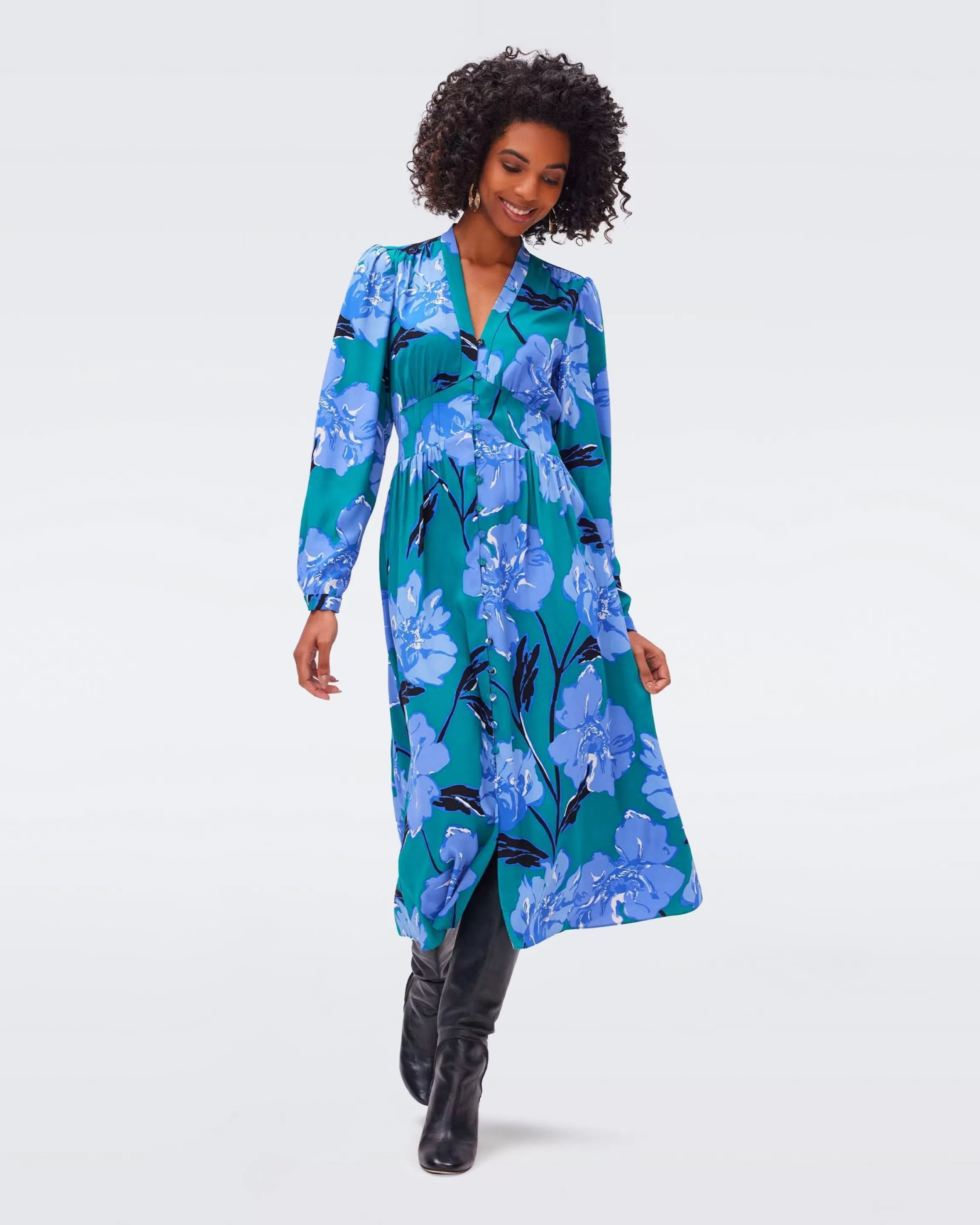 dvf Erica Long Sleeve Midi Dress in Huge Outline Floral Emerald Discount