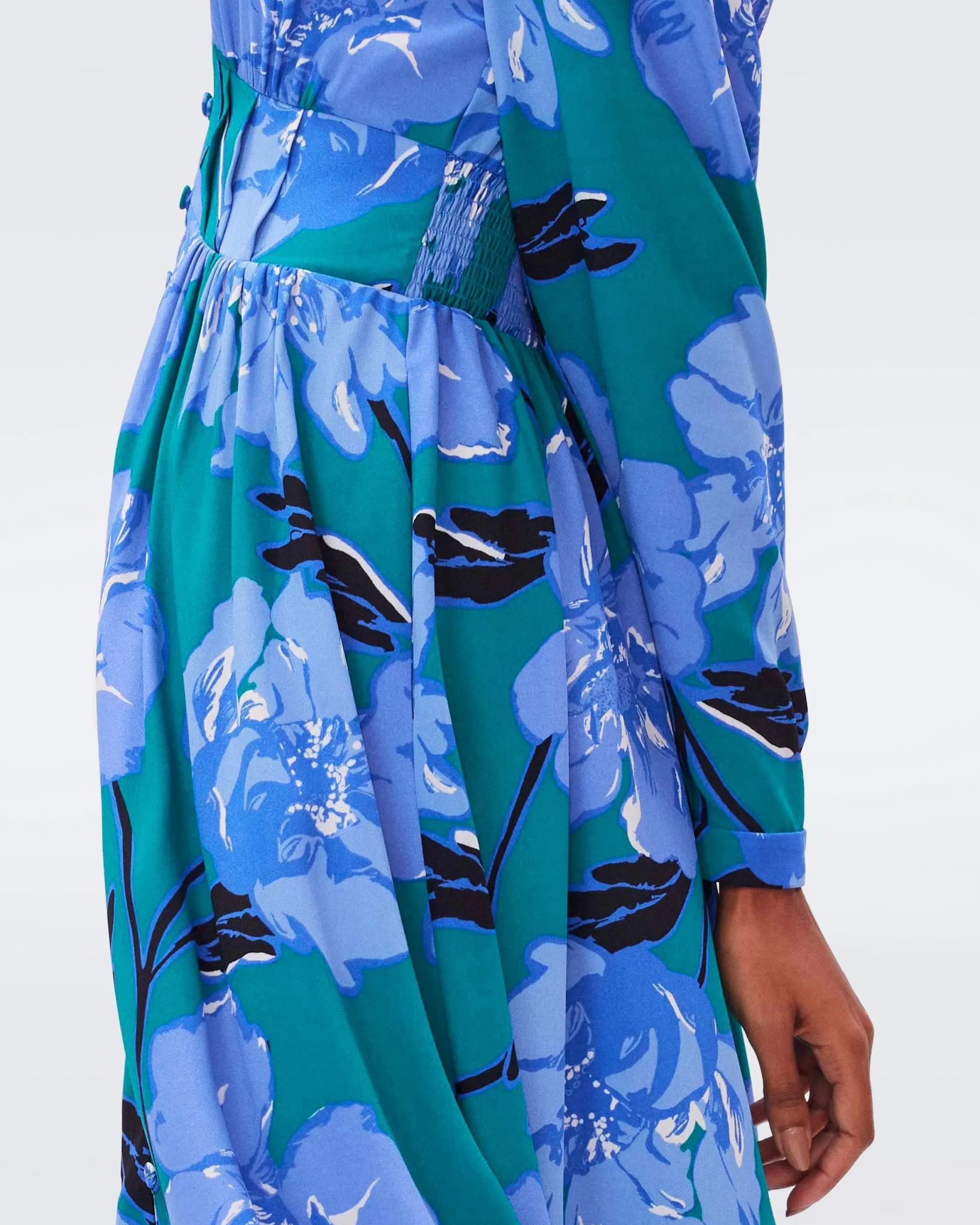 dvf Erica Long Sleeve Midi Dress in Huge Outline Floral Emerald Discount