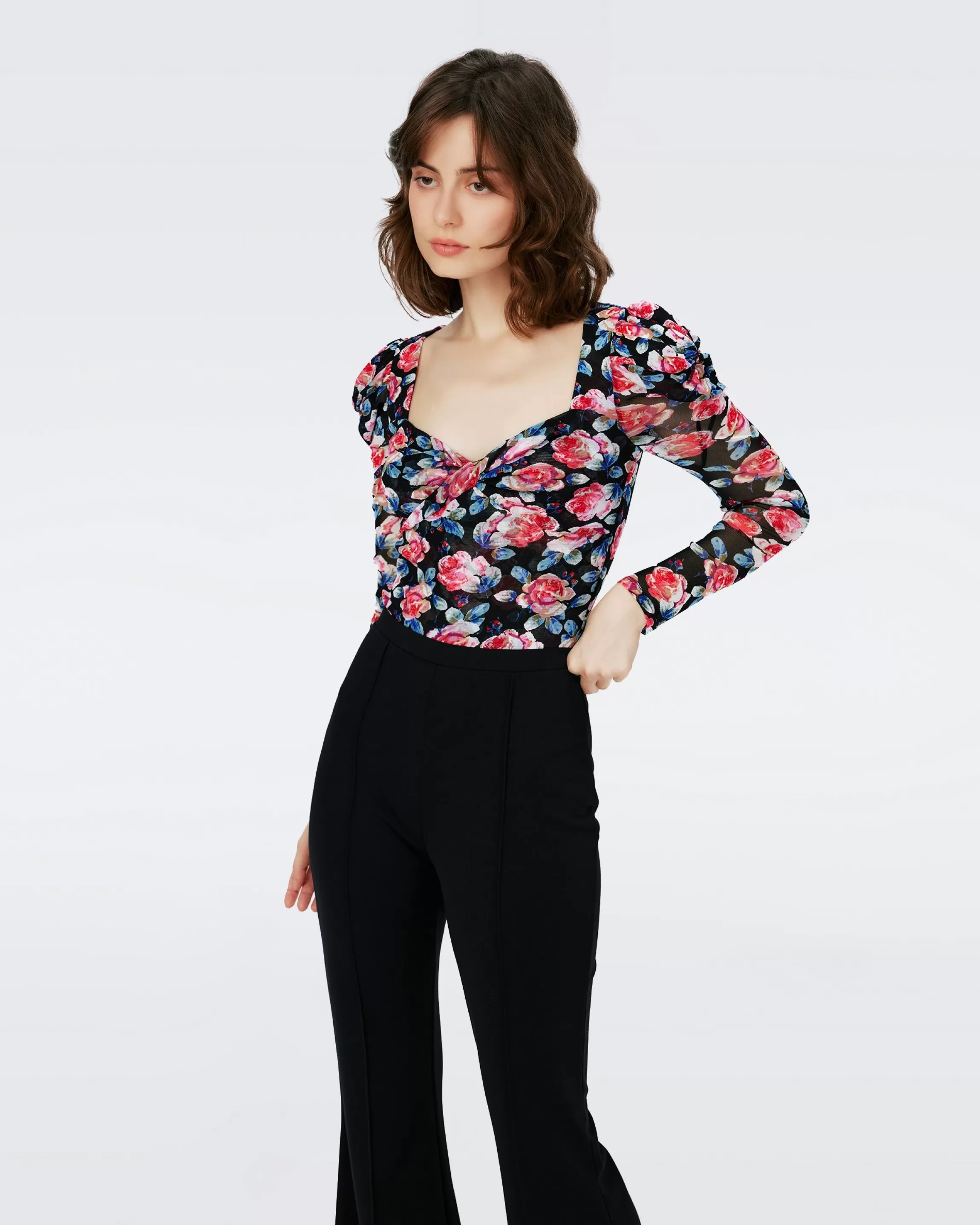 dvf Erik Long Sleeve Mesh Bodysuit in Fortune Rose Sm Outlet