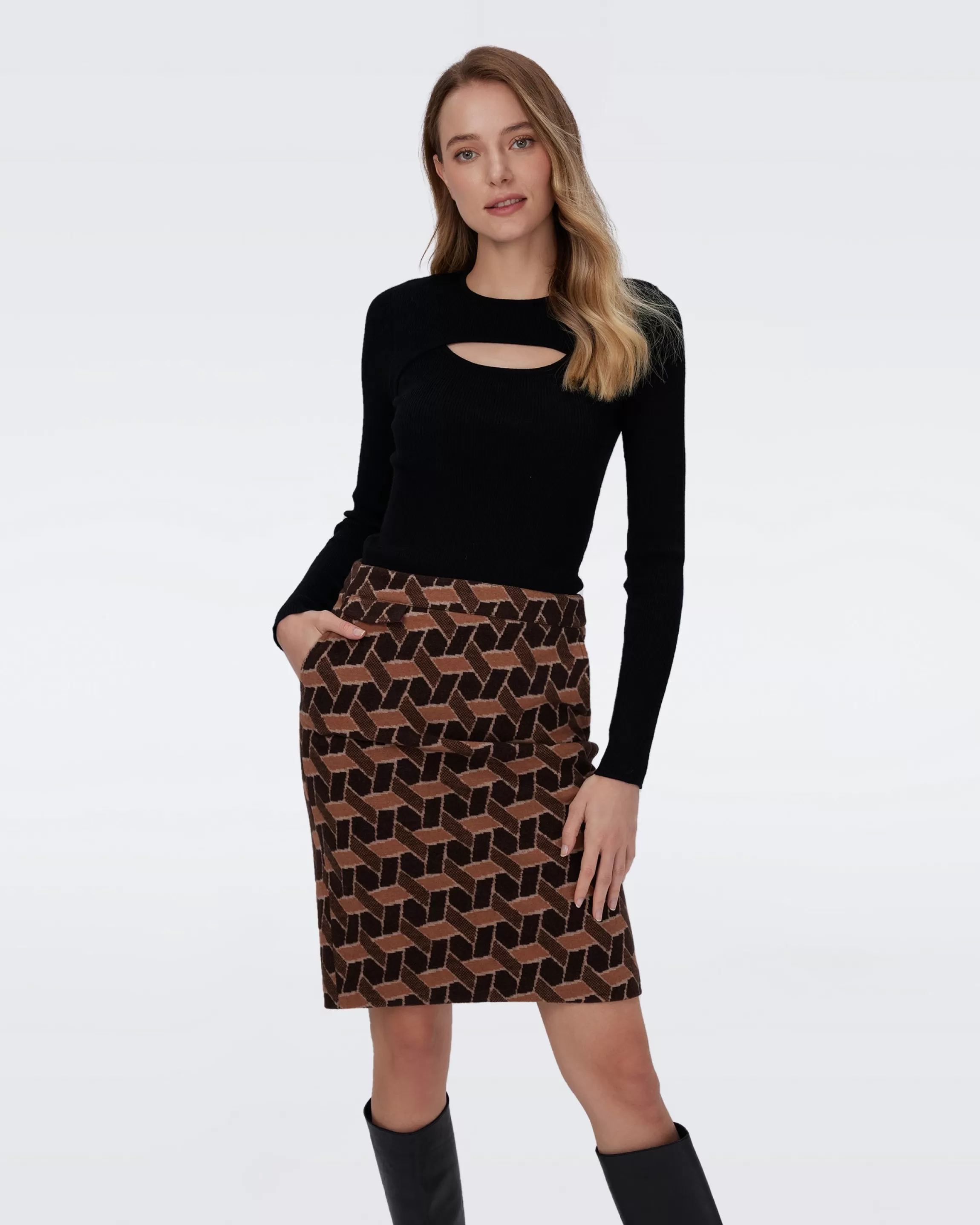 dvf Ethel Knit Jacquard Skirt in Huge Wave Geo Camel Discount