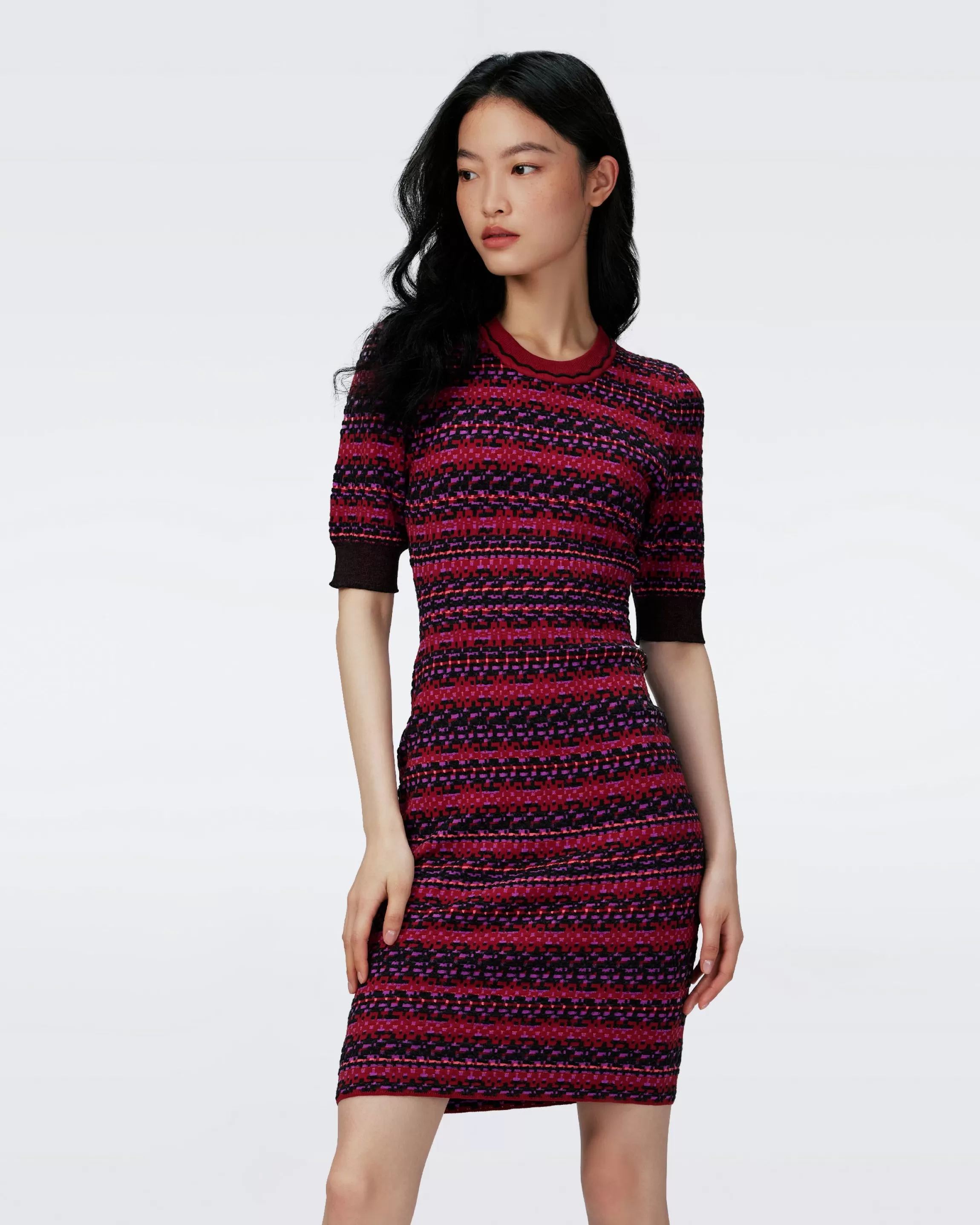 dvf Harry Short Sleeve Knit Jacquard Dress in Vintage Stripe Wine Clearance