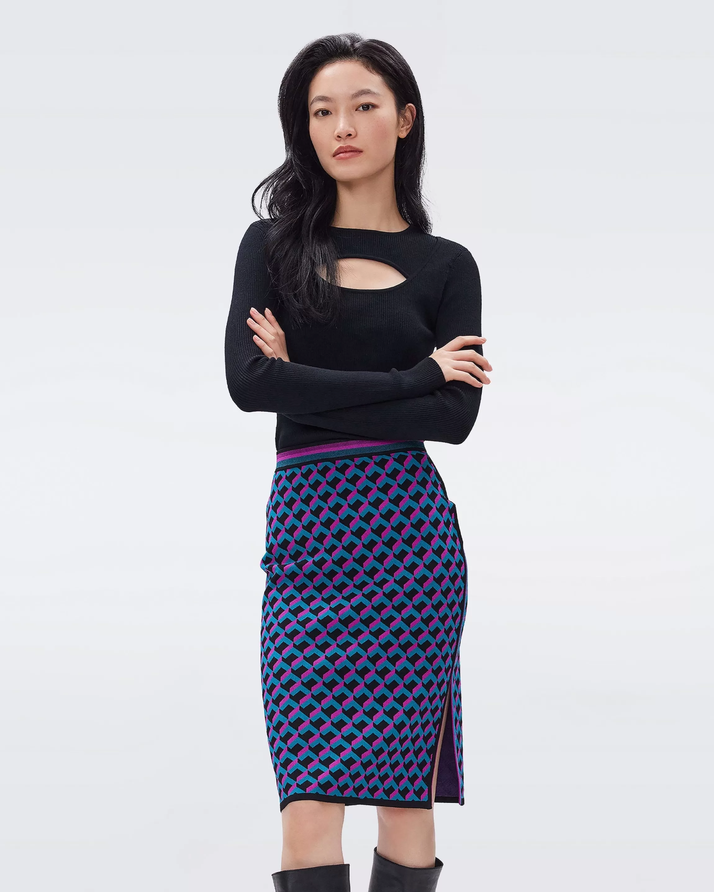 dvf Hazel Knit Jacquard Skirt in 3D Brick Teel Clearance