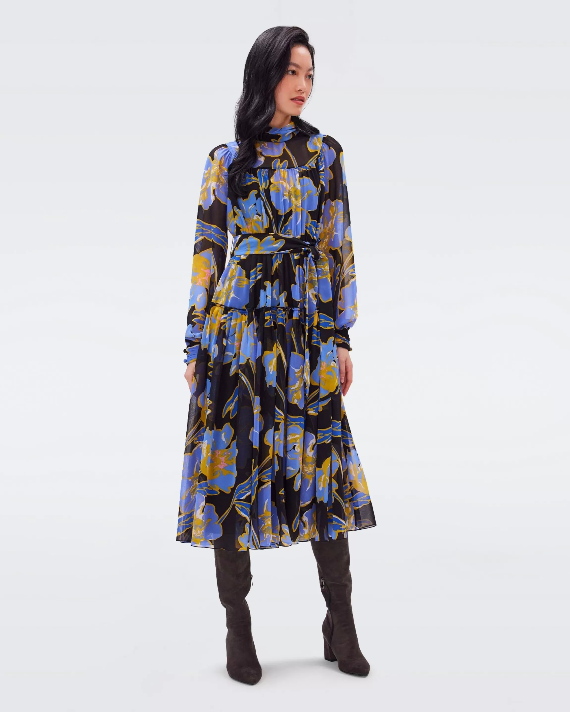 dvf Kent Dress in Huge Outline Floral Signature Blue Flash Sale