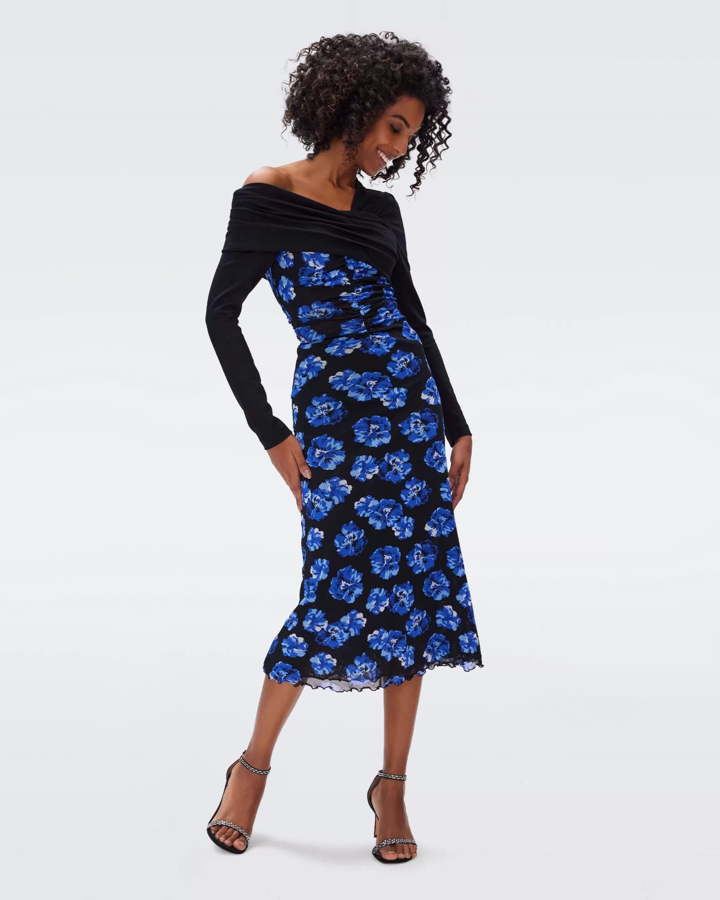 dvf Leia Dress in Pansy Blossom Sapphire Blue and Black Shop