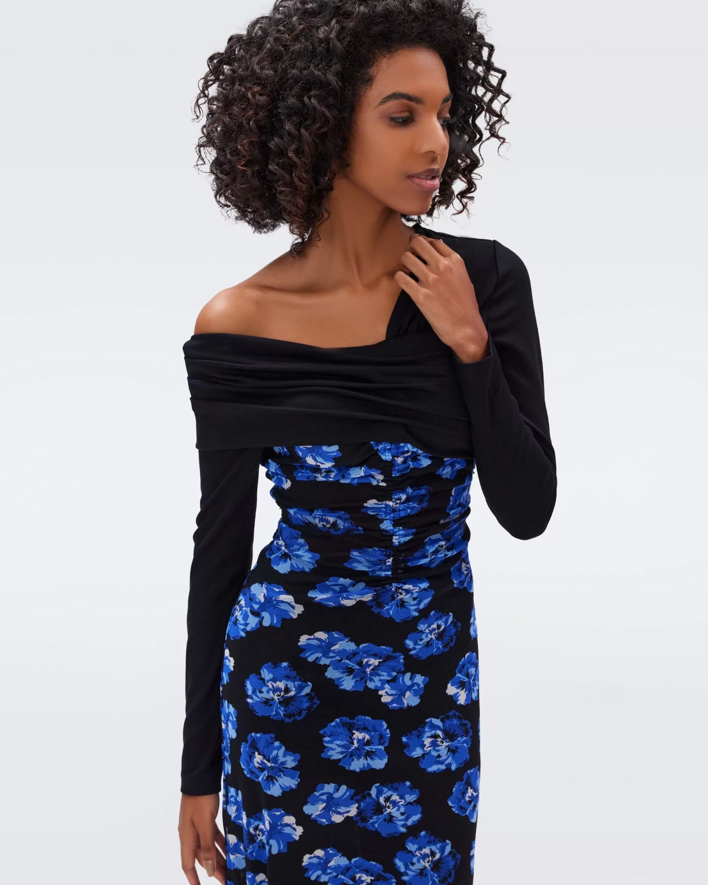 dvf Leia Dress in Pansy Blossom Sapphire Blue and Black Shop