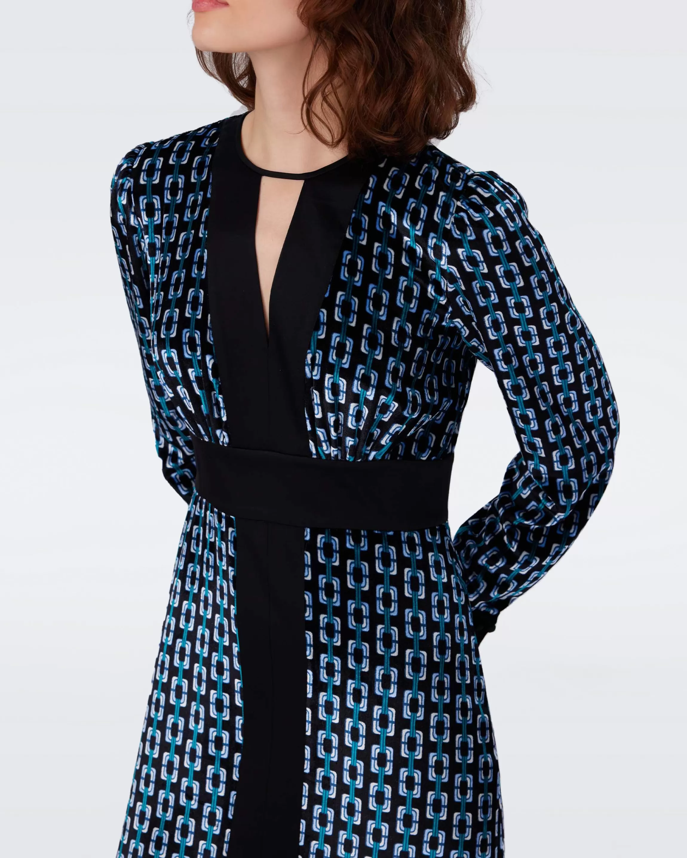 dvf Libby Velvet Dress in Chain Geo Multi Signature Blue Hot