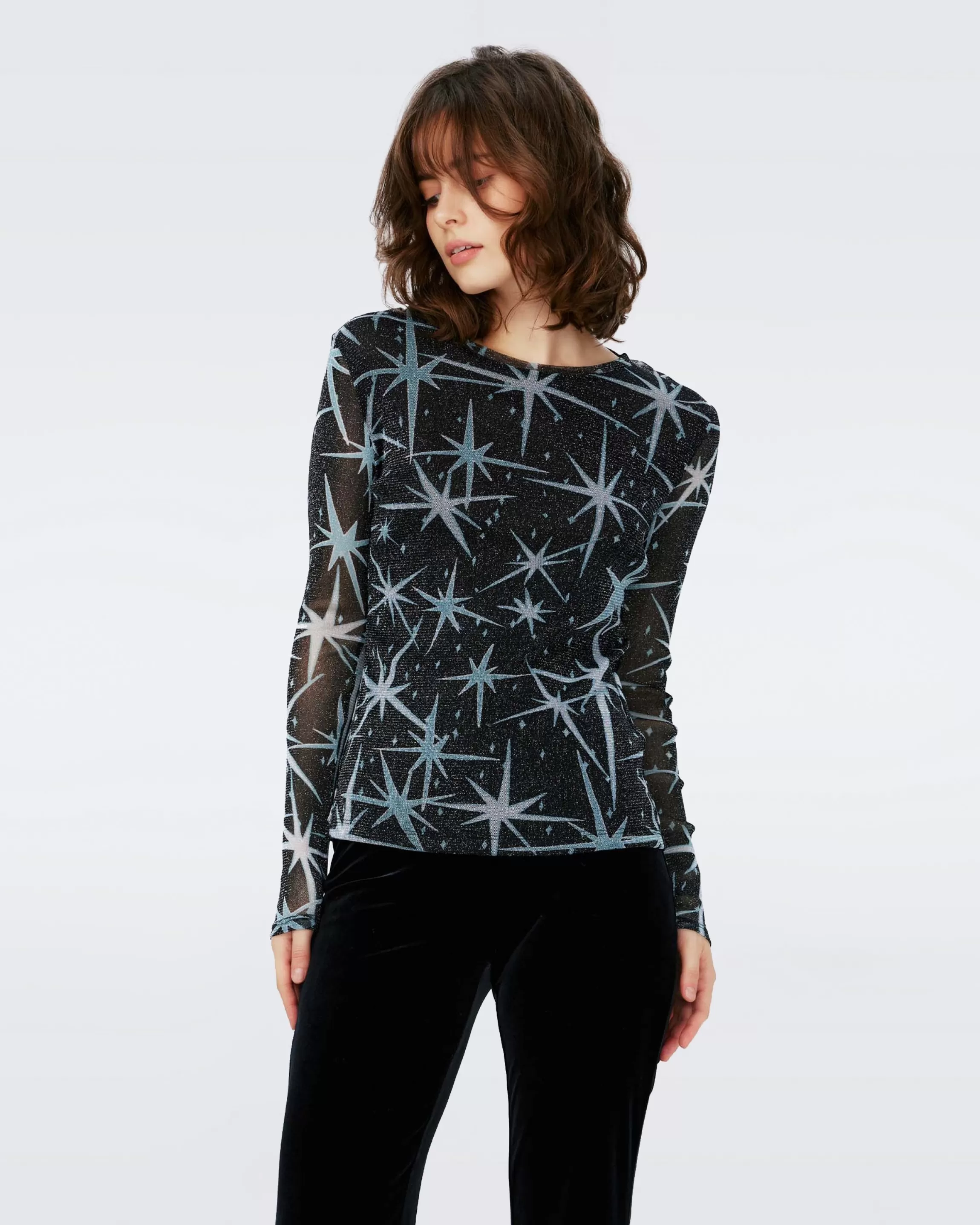 dvf Logan Metallic Mesh Top in Magic Stars Blue Lg Best Sale