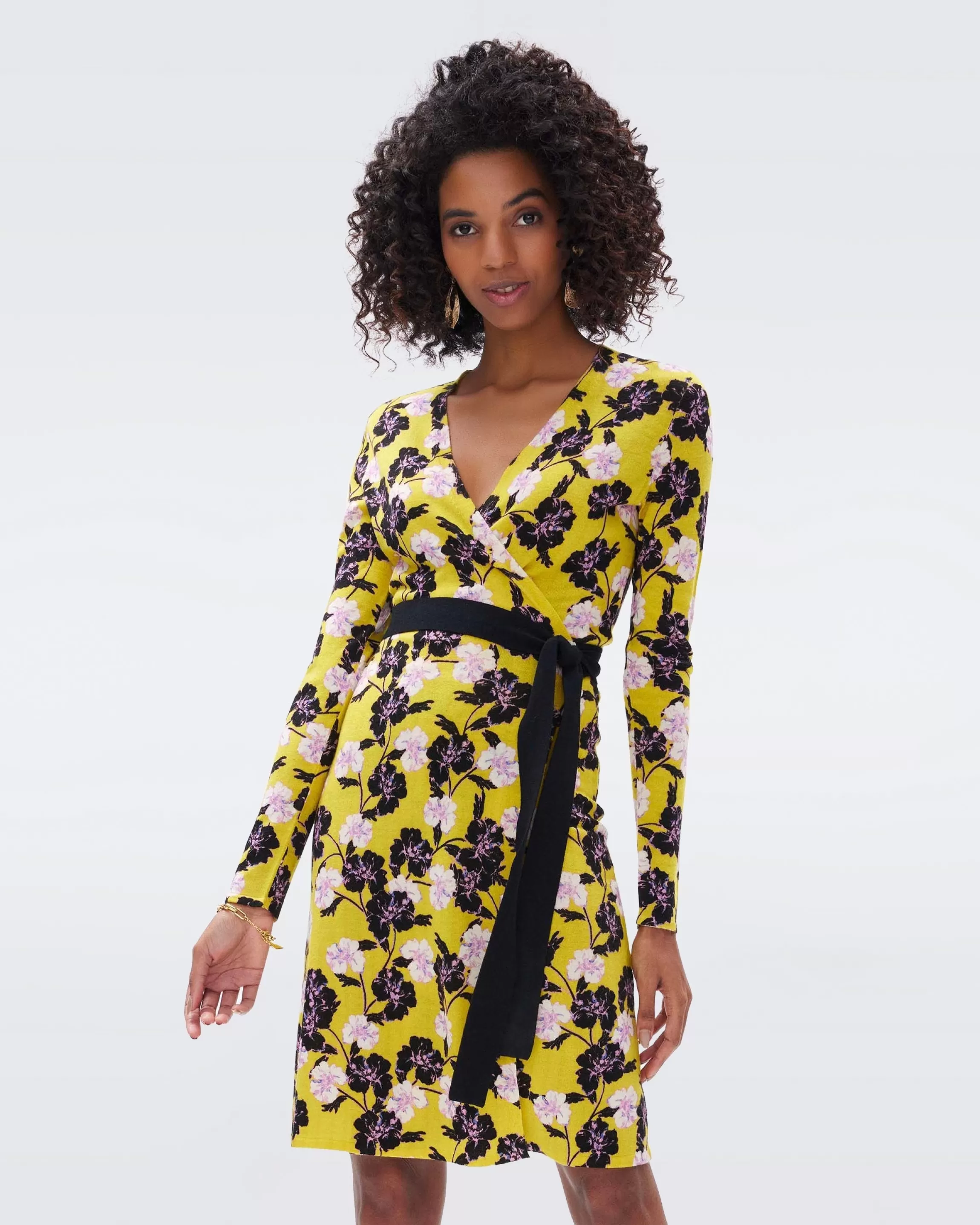 dvf Luella Wrap Dress in Outline Floral Tiny Gold Yellow Flash Sale