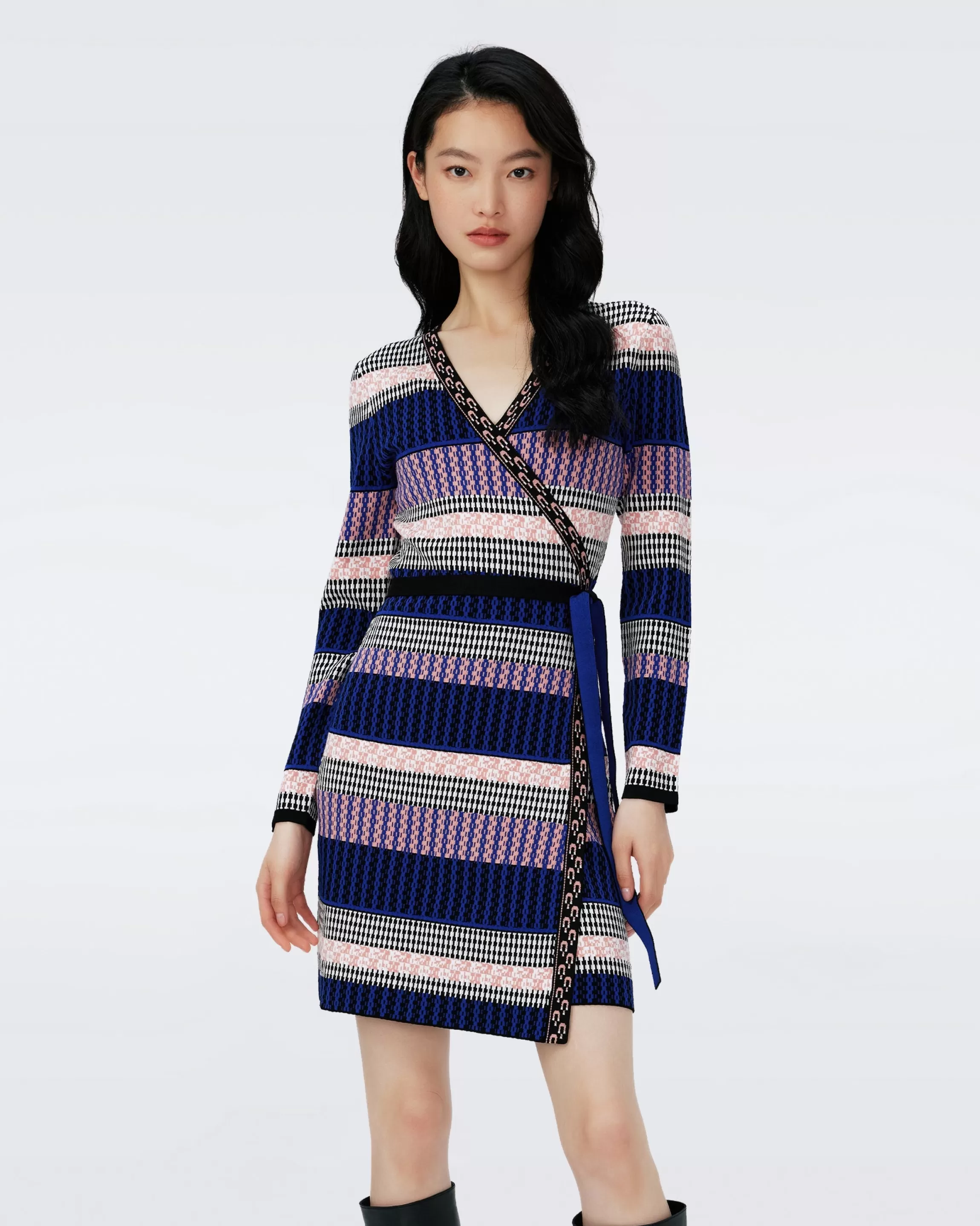 dvf Melita Knit Wrap Dress in Multicolor Knit Strip Pk/Nv New