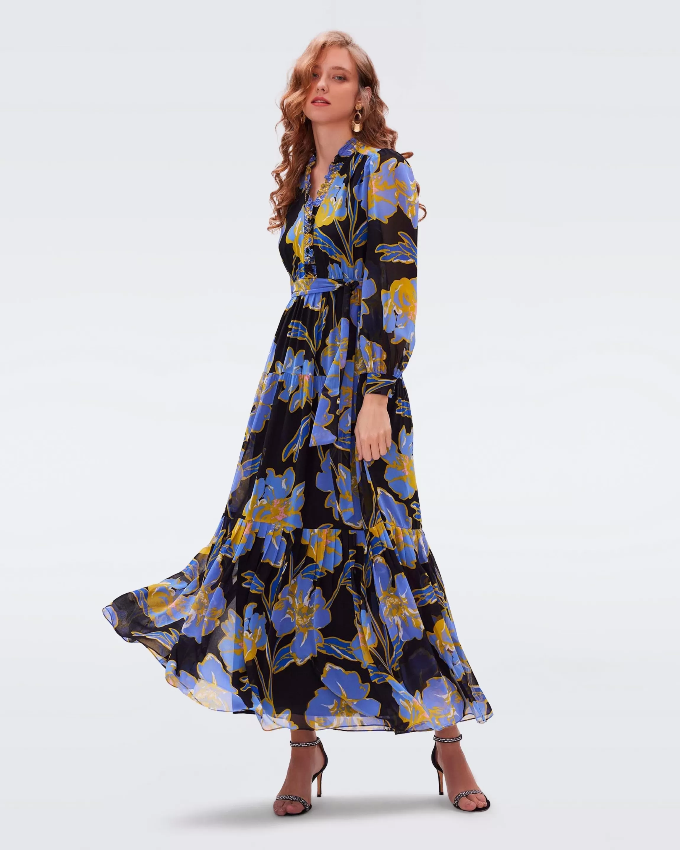 dvf Olenna Dress in Huge Outline Floral Signature Blue Store