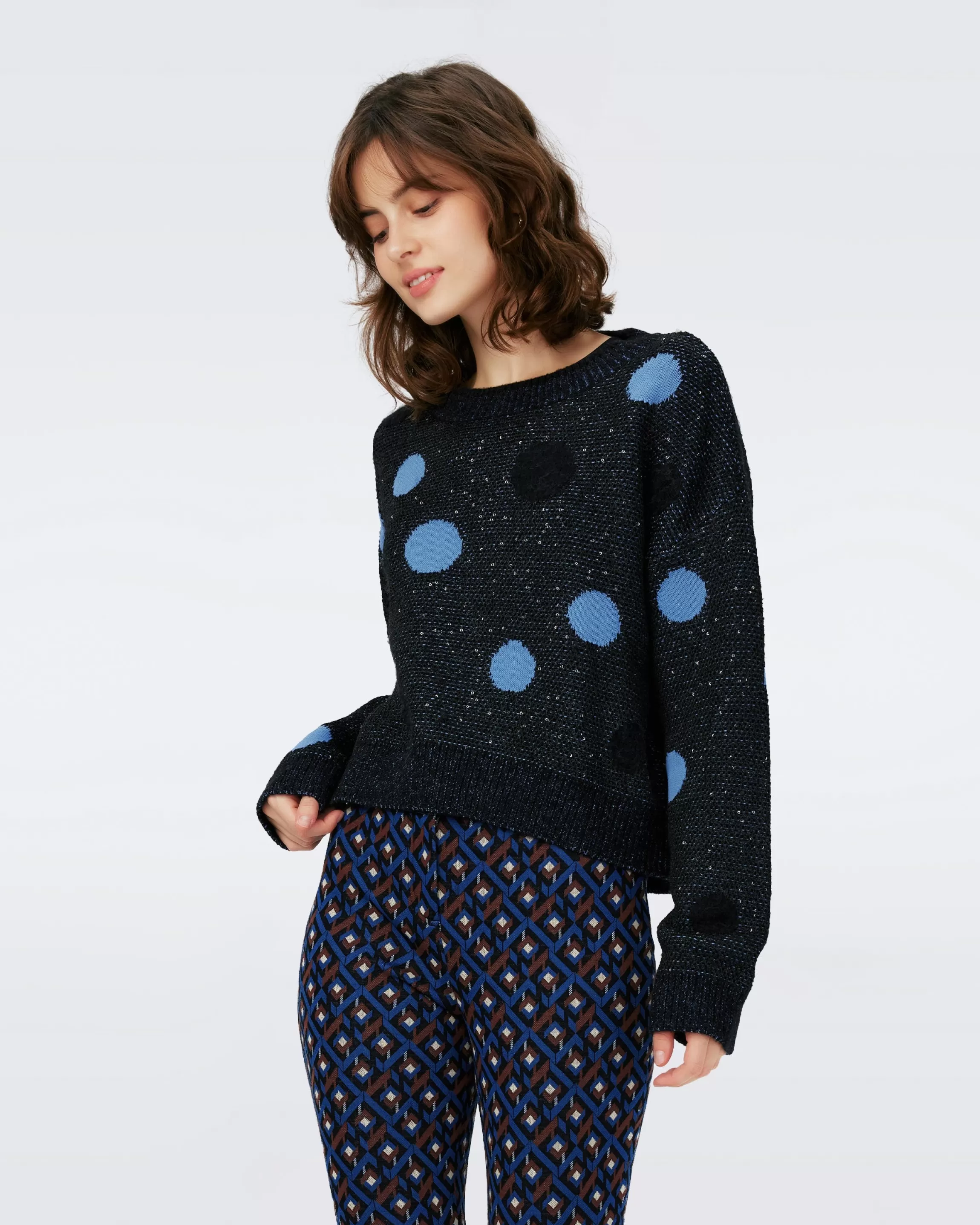 dvf Phillipa Sequin Knit Jacquard Top in Dots Blue Fashion