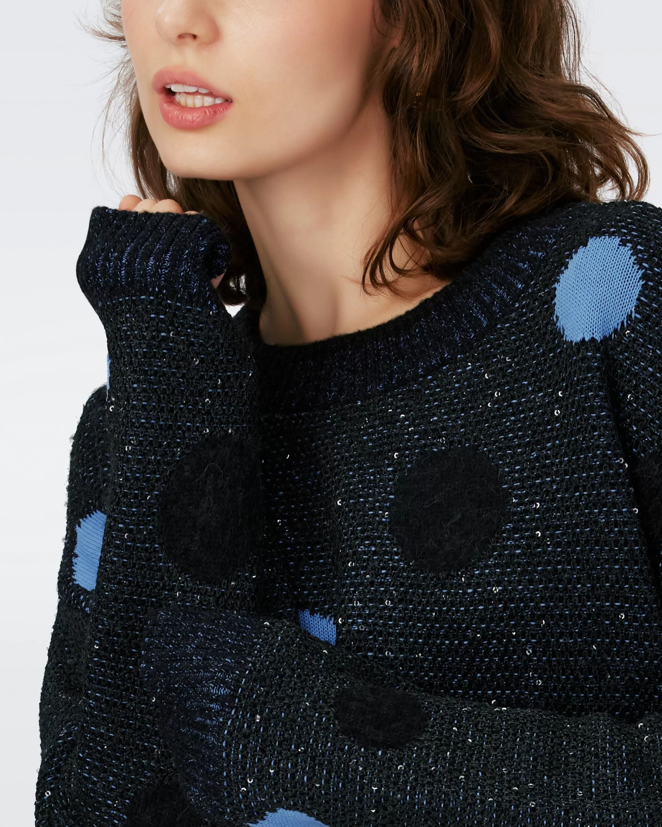 dvf Phillipa Sequin Knit Jacquard Top in Dots Blue Fashion