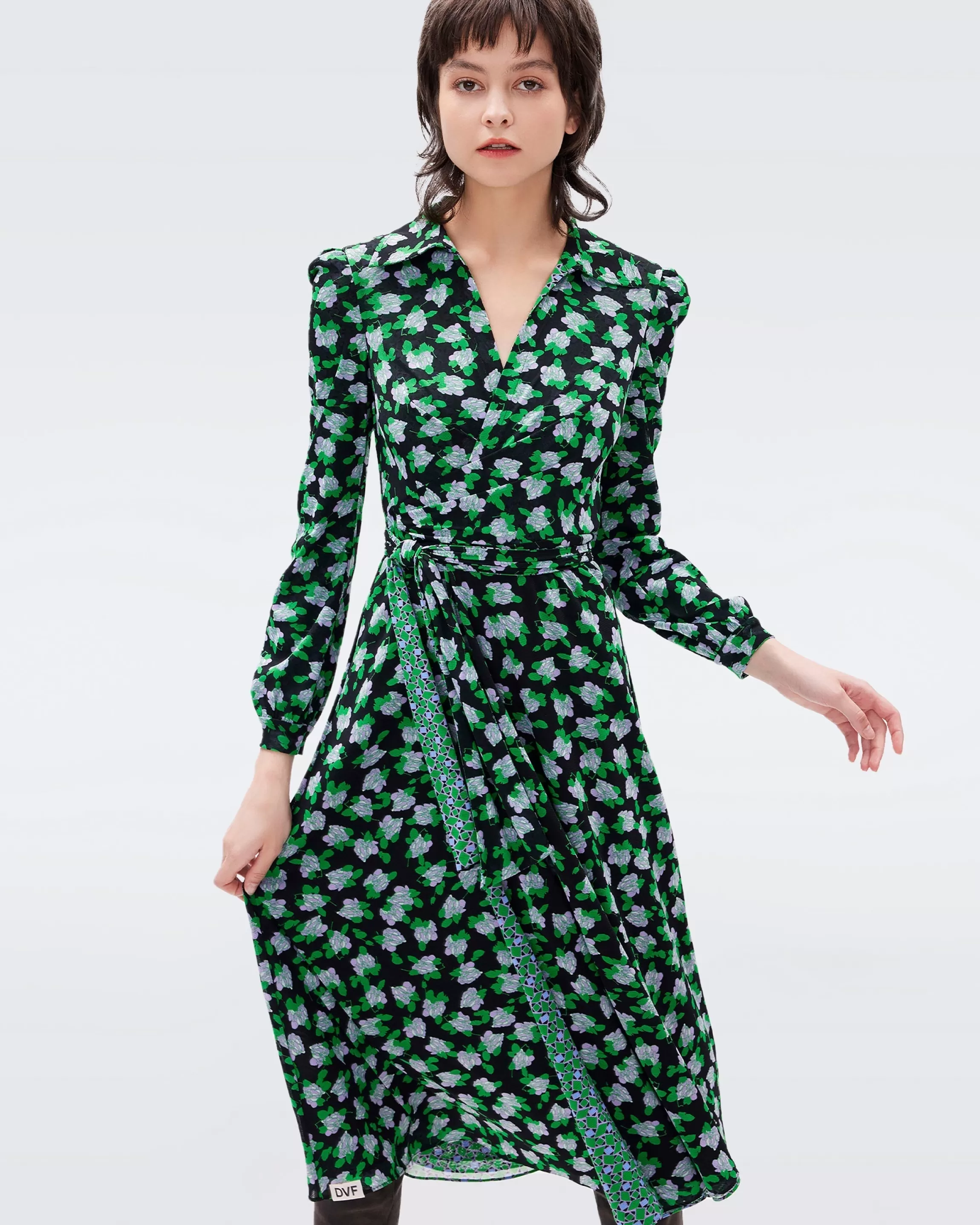 dvf Phoenix Reversible Mesh Wrap Dress in Tiny Dot Blossom Green and Venice Geo Green Flash Sale