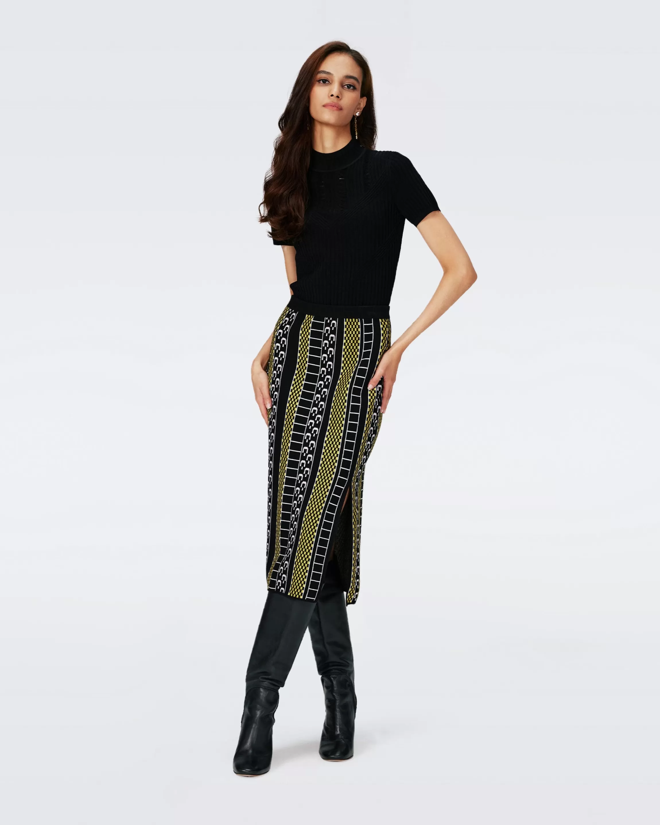 dvf Positana Knit Jacquard Skirt in Fun Checks Yellow Sale