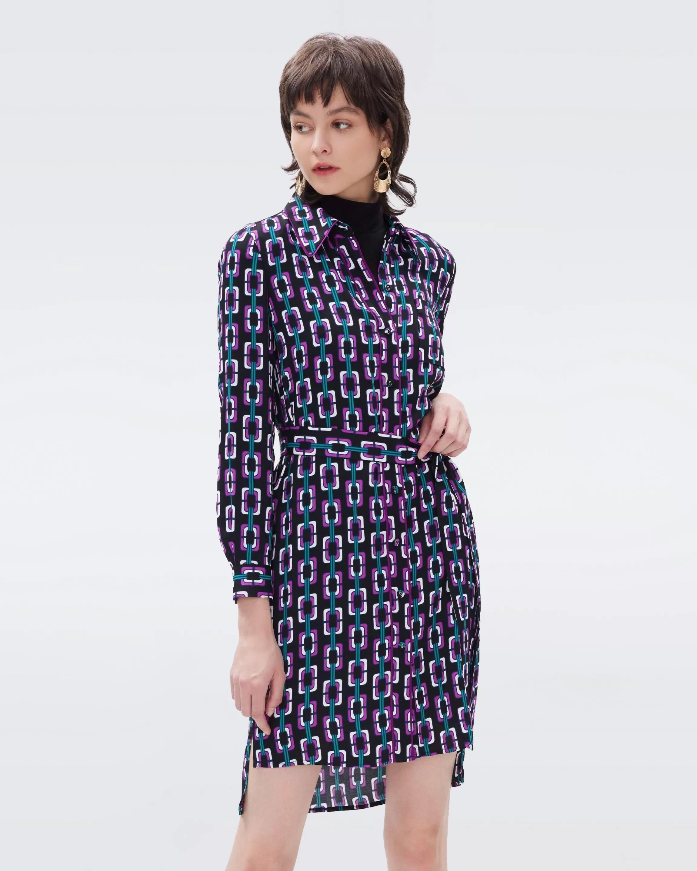 dvf Prita Shirt Dress in Chain Geo Multi Black Clearance