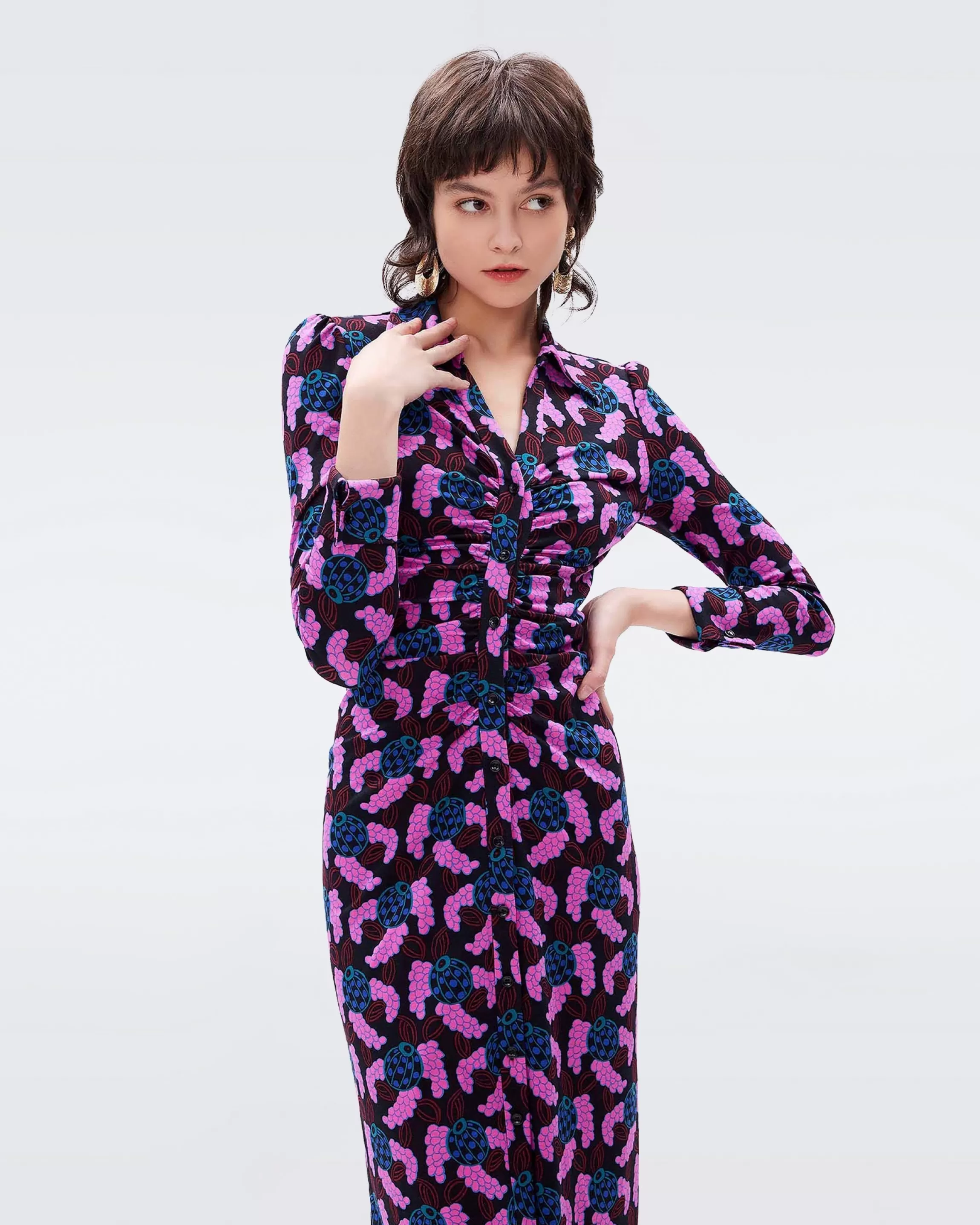 dvf Sheska Shirt Dress in Huge Autumn Berries Pink Clearance