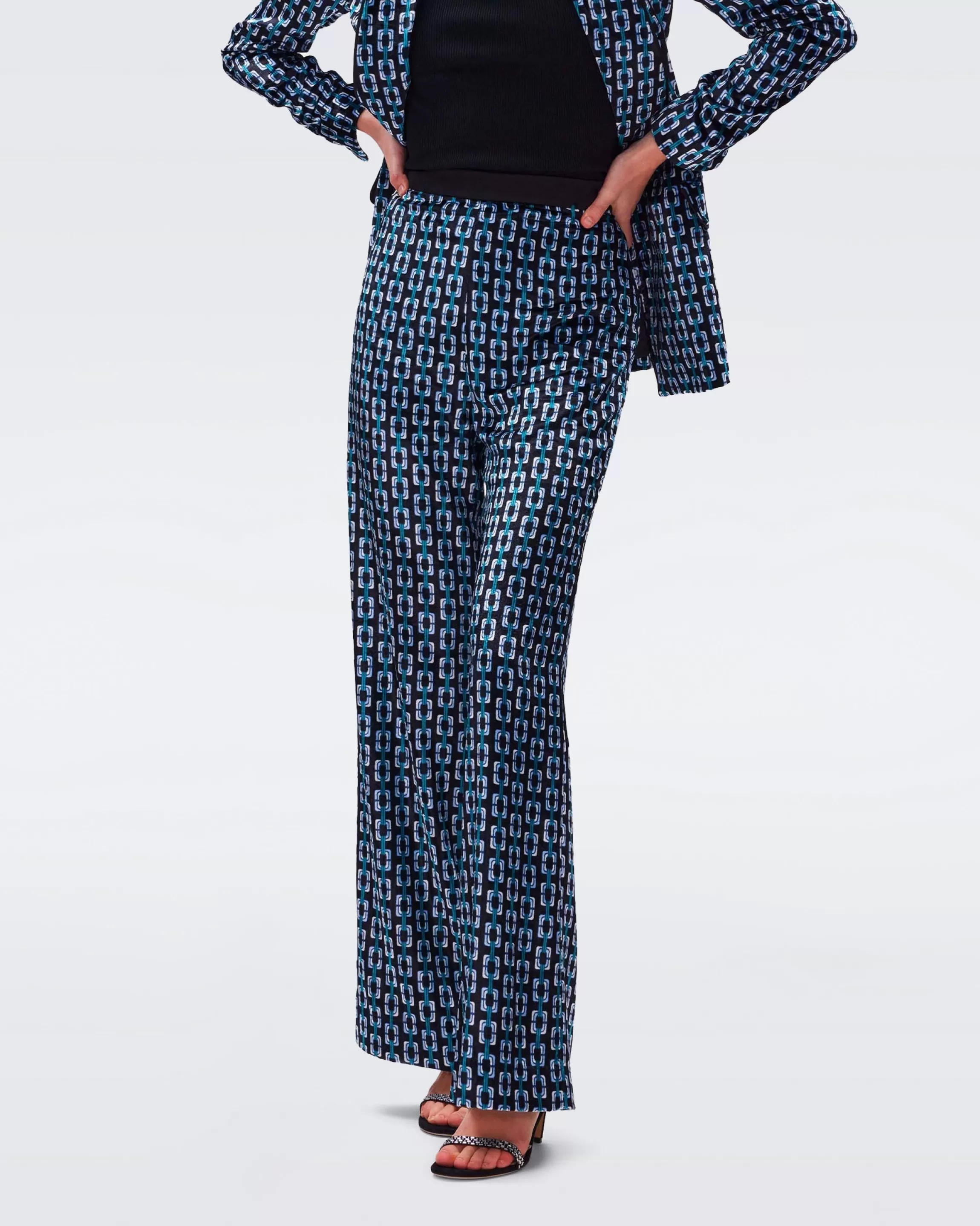 dvf Vegas Velvet Pants in Chain Geo Multi Signature Blue New